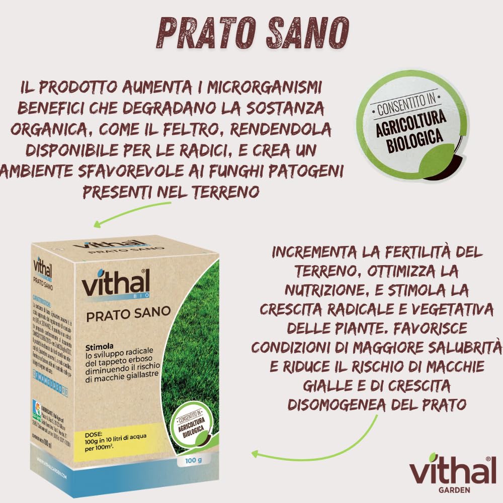VITHAL Prato Sano Bio - Stimolatore Radicale per Tappeti Erbosi, Riduce Macchie Giallastre e Feltro, 100 g per 100 m² - Concime Naturale Consentito in Agricoltura Biologica