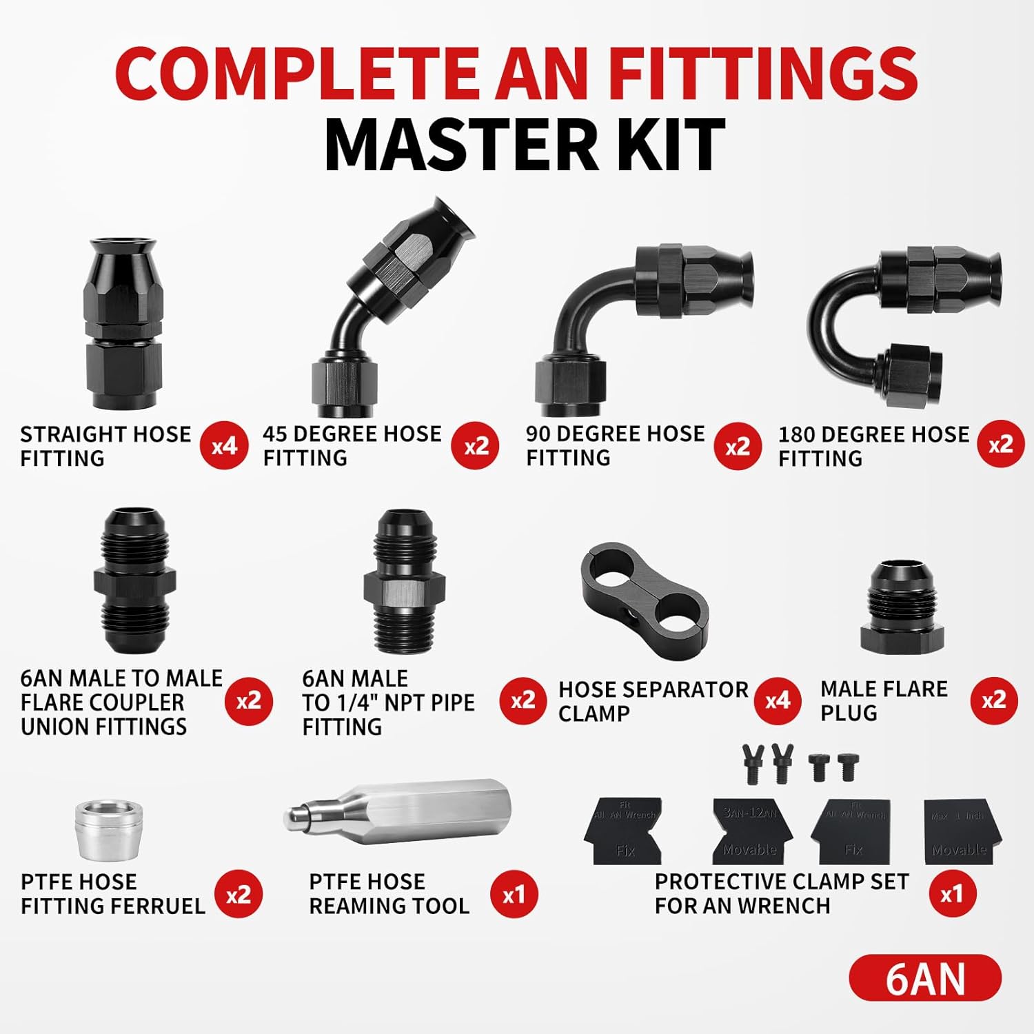 6AN PTFE Hose End Fittings Kit 0/45/90/180 Degree Fittings with 6AN Male to Male Straight Flare Coupler, 6AN Male Flare to 1/4" NPT Adapter & Hose Assembly Tool For PTFE Fuel Line, Black - Image 2