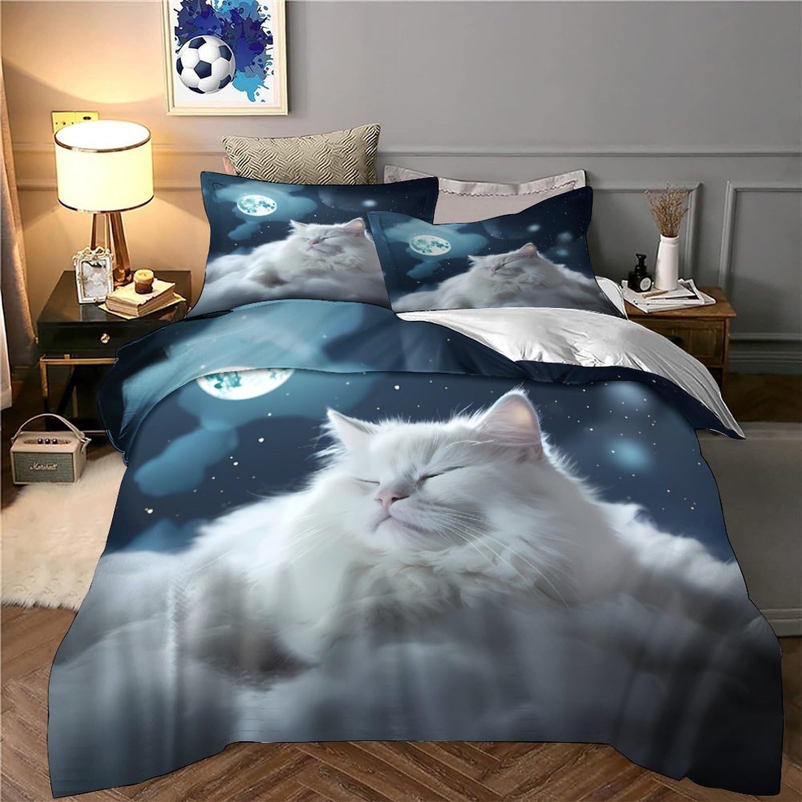 Whimsical Cat copripiumino 3 Pezzi stampa 3D microfibra morbida con federa Fantasia Night Set Di Copripiumino cerniera soffice ariosa for coppie Super king（260x220cm）