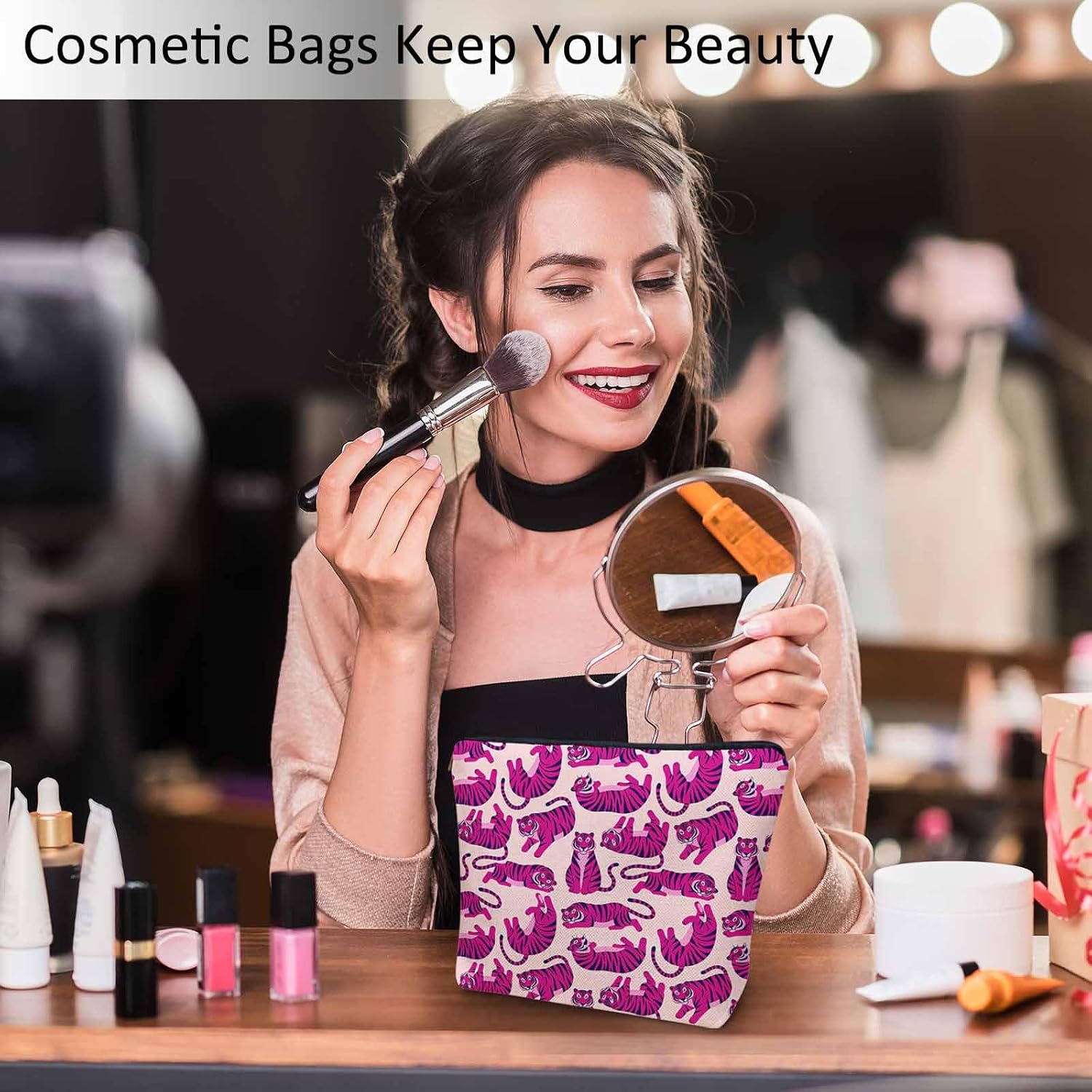 Woman Makeup Bag Tiger, Wild Animal Tiger Pink Makeup Bags Travel Cosmetic Bags Toiletry Makeup Organizer Pencil Pouch Make Up Cosmetic Bag For Owners Lady Birthday Gifts image 2