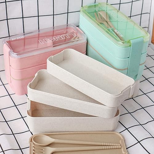 Miniatura 7 de MOAMUN Lonchera Bento apilable de 2 piezas, lonchera Bento 3 en 1 con cuchara y tenedor, lonchera japonesa con 2 botellas exprimibles de