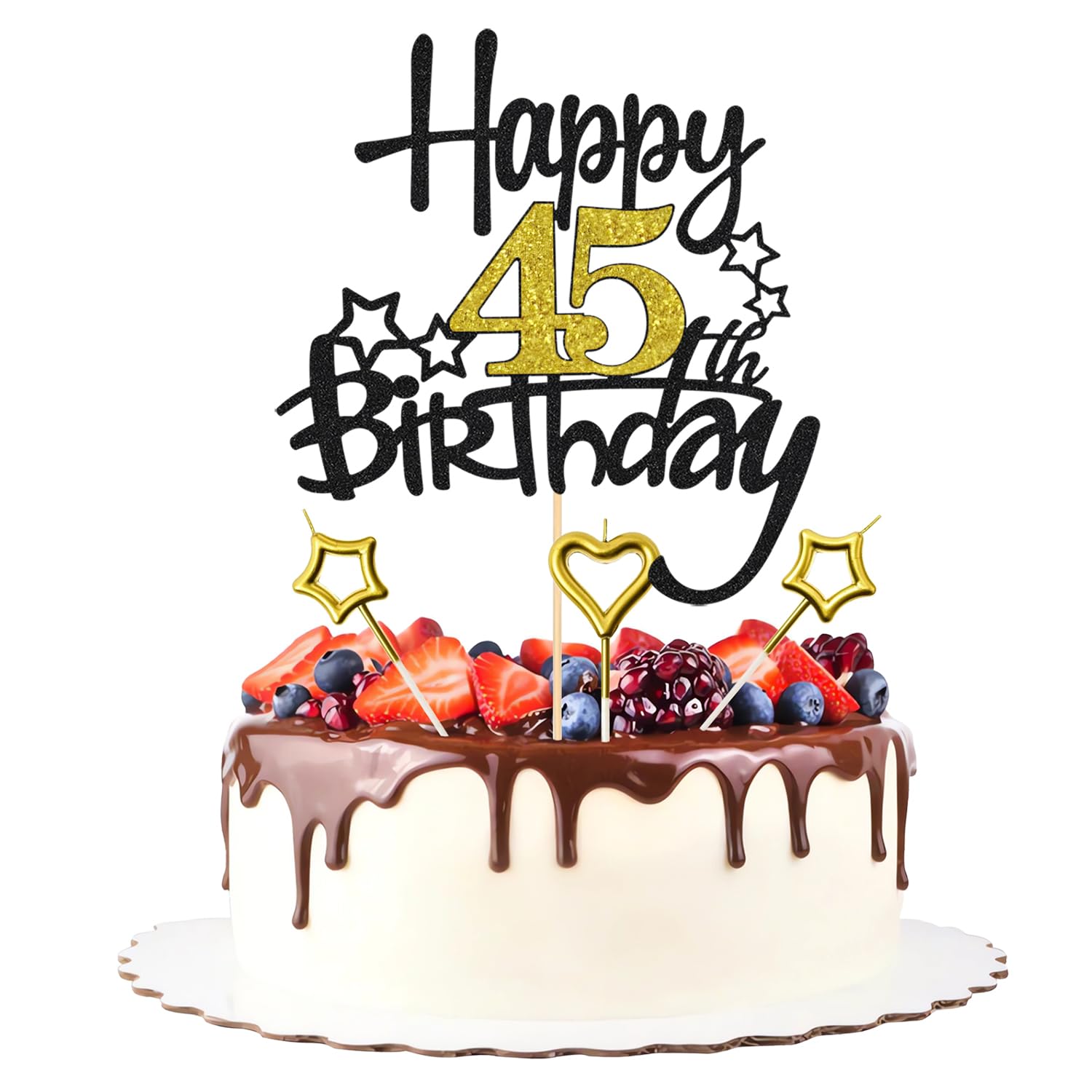 45th Birthday Cake Decoration, Heart Star 45th Birthday Candle Glitter Cake Topper for Birthday Anniversary Theme Party Cake Bunting Decor Supplies