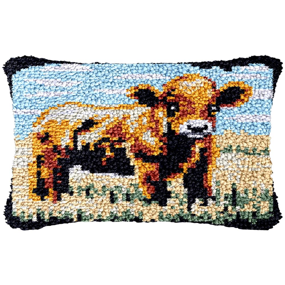 Animal Jersey Cow Cattle DIY Latch Hook Rectangle Pillow Kit for Adults Throw Pillow Cover with Printed Canvas Crochet Yarn Needle Craft Easy DIY Cushion for Christmas Decoration 50x30cm