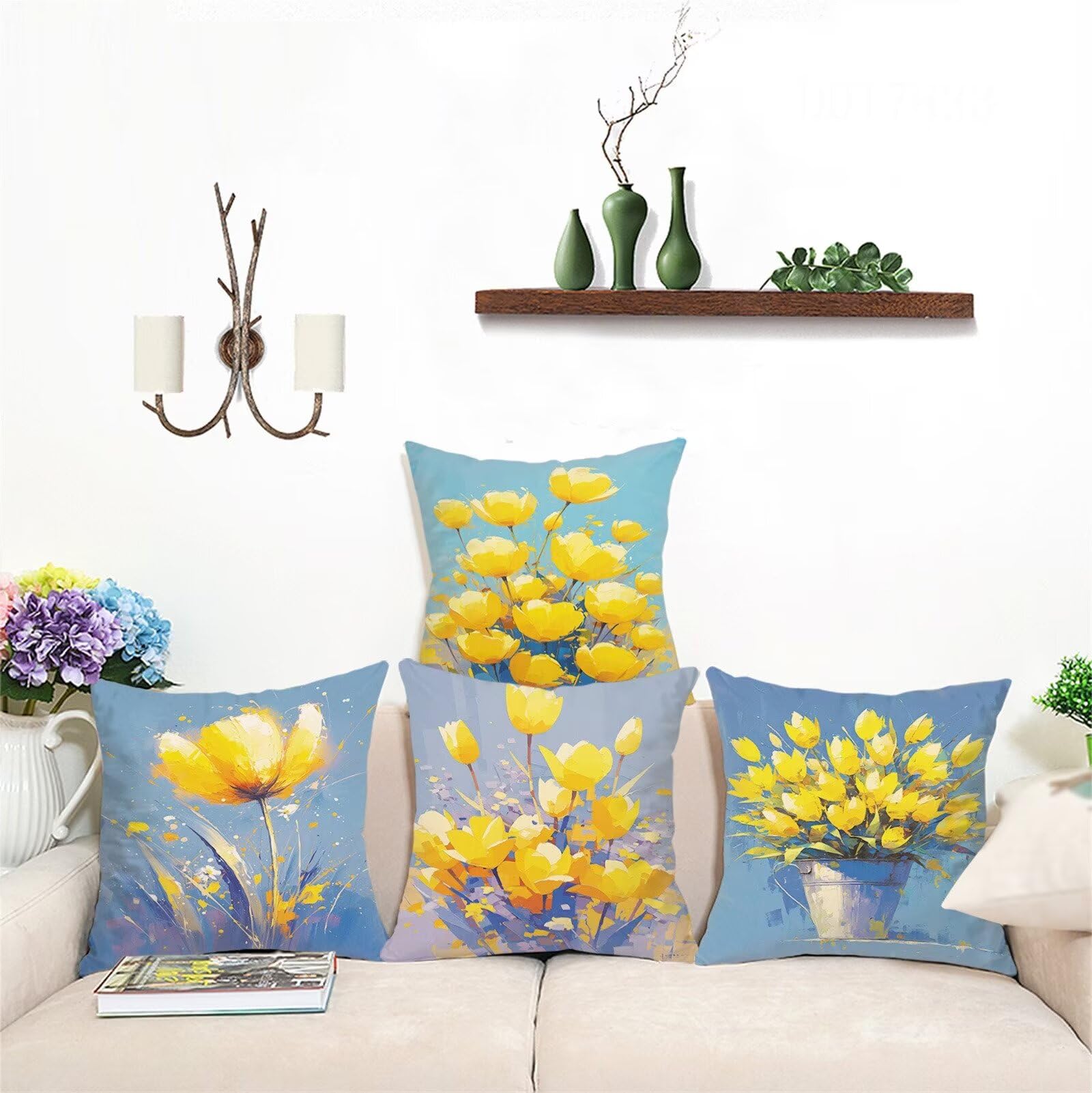 Confezione da 4 cuscini impermeabili per esterni, motivo floreale, 26 x 26 e 65 x 65 cm, cuscini decorativi per giardino, tenda, divano e sedia