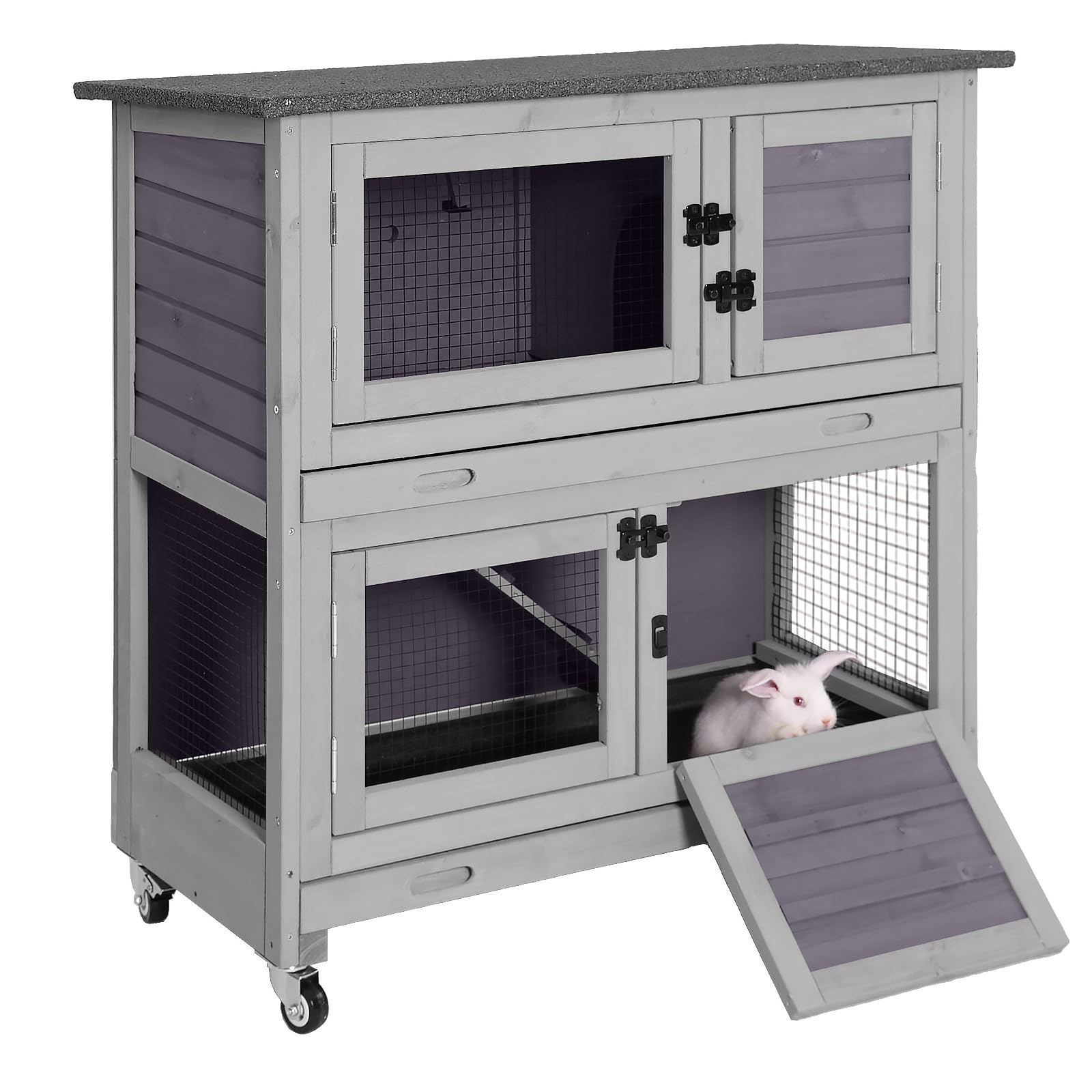 Wooden Rabbit Hutch Indoor Outdoor, 36’’ Rabbit Cage with 2 Leak Proof Trays, 2-Story Bunny Cage with Wheels, Mobile Guinea Pig Cage with Ramp