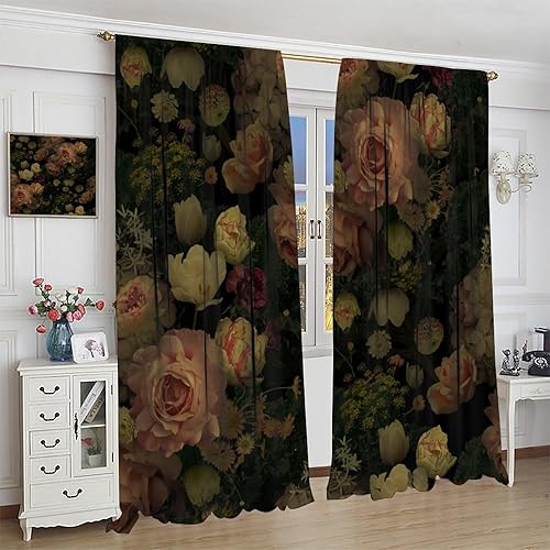 Miniatura 318 de Retro 70s Floral Blackout Window Curtains, Watercolor Flower Plant Rustic Modern Style Pattern Window Drapes, for Bedroom Living Room 42x45in 2