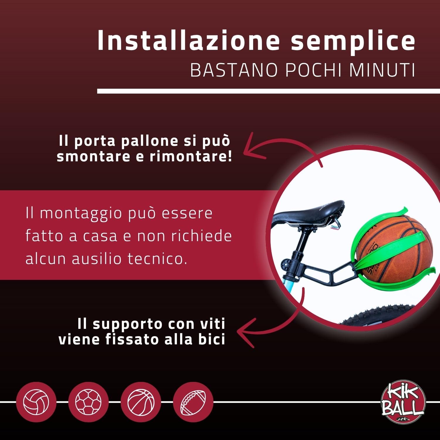 Porta Pallone da Bicicletta, Dispositivo per la Sicurezza di Bambini e Ragazzi, Supporto di Facile Applicazione, Adatto a Palloni da Calcio, Pallvolo, Basket e Rugby
