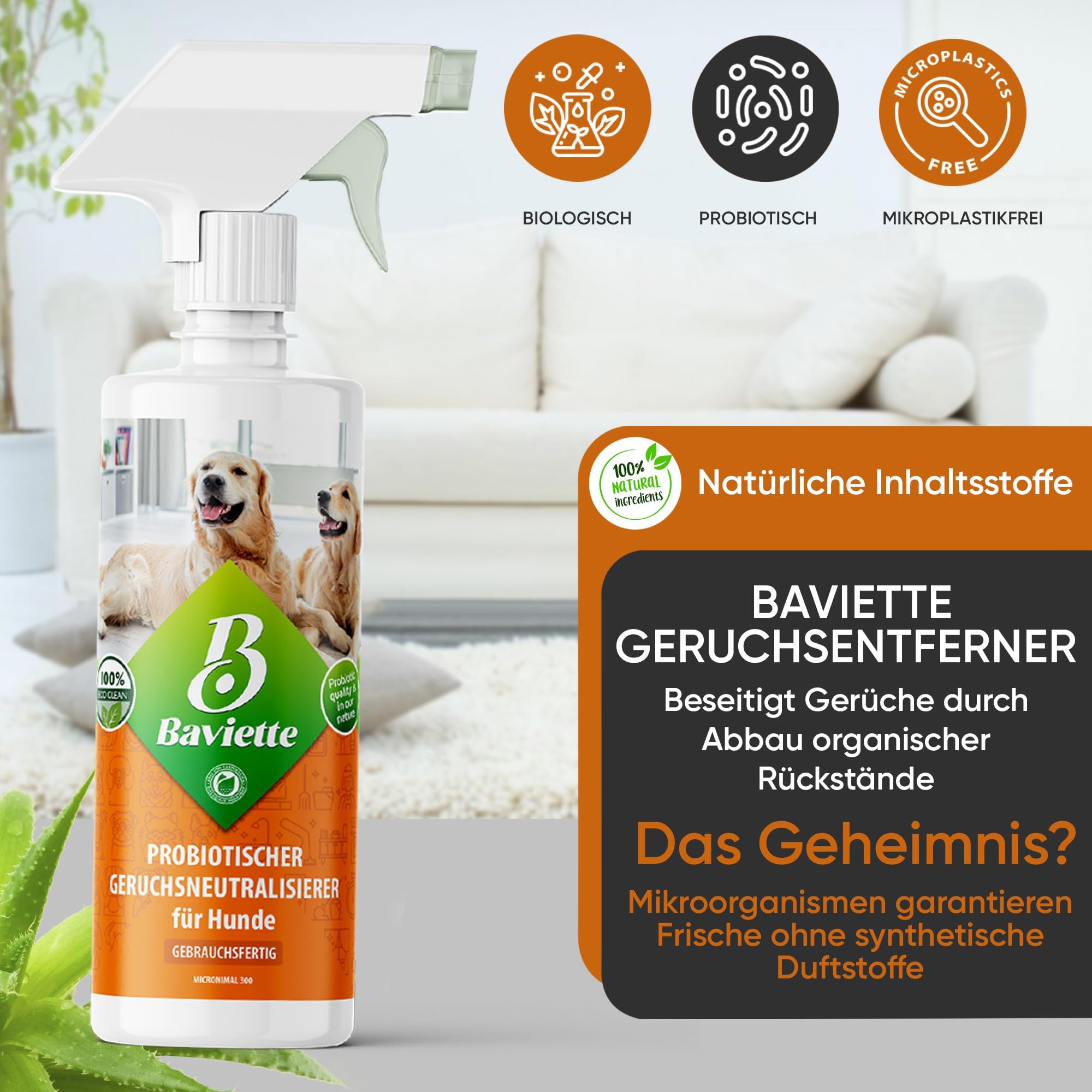 Baviette Spray 4 x 500 ml – Neutralizador de olores para hogares de Perros – con microorganismos Naturales – Inodoro, sin Cloro y Respetuoso con los Materiales – Adecuado para Textiles, Muebles