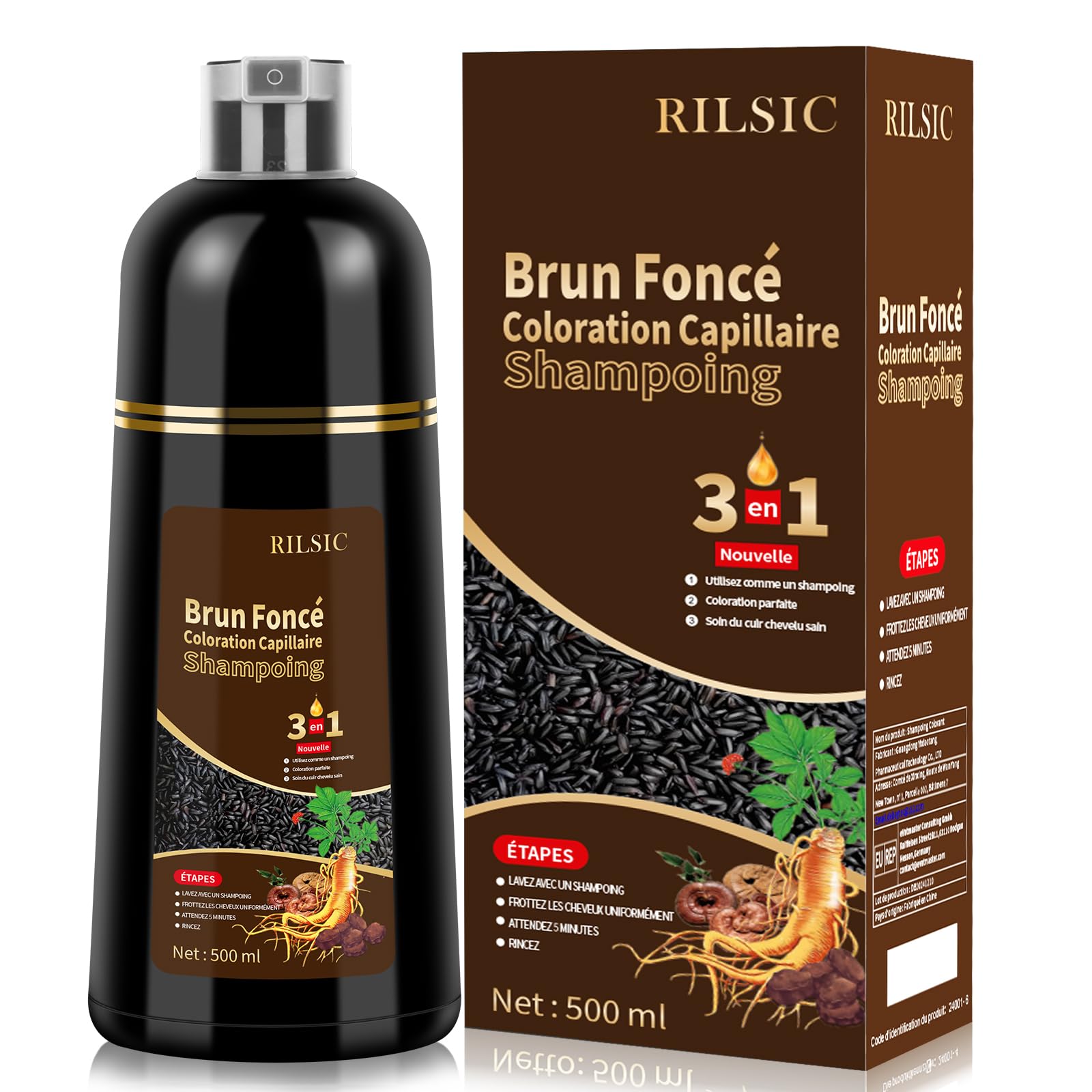 Shampoing Colorant Brun foncé Hair Dye Shampoo 3 en 1,Shampooing Instantané pour Cheveux,Shampooing Colorant Cheveux Blancs,Color Shampoo pour Hommes et Femmes 500ml（Brown）
