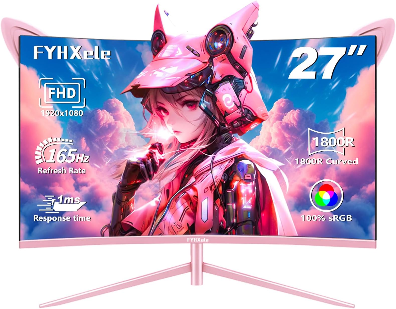 FYHXele 27 inch Gaming Monitor, 1800R Curved Gaming Monitor, FHD-1920X1080P, 165Hz, 1ms, FreeSync/G-Sync, Ultrawide PC Monitor, HDMI/DisplayPort/USB Vesa/Wall Mount Computer Monitor-Pink