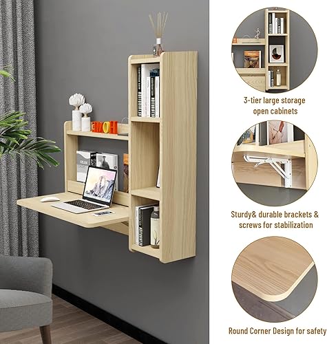Miniatura 5 de Pmnianhua Escritorio flotante, mesa plegable de 41 pulgadas para montar en la pared, escritorio plegable para computadora portátil con estantes de