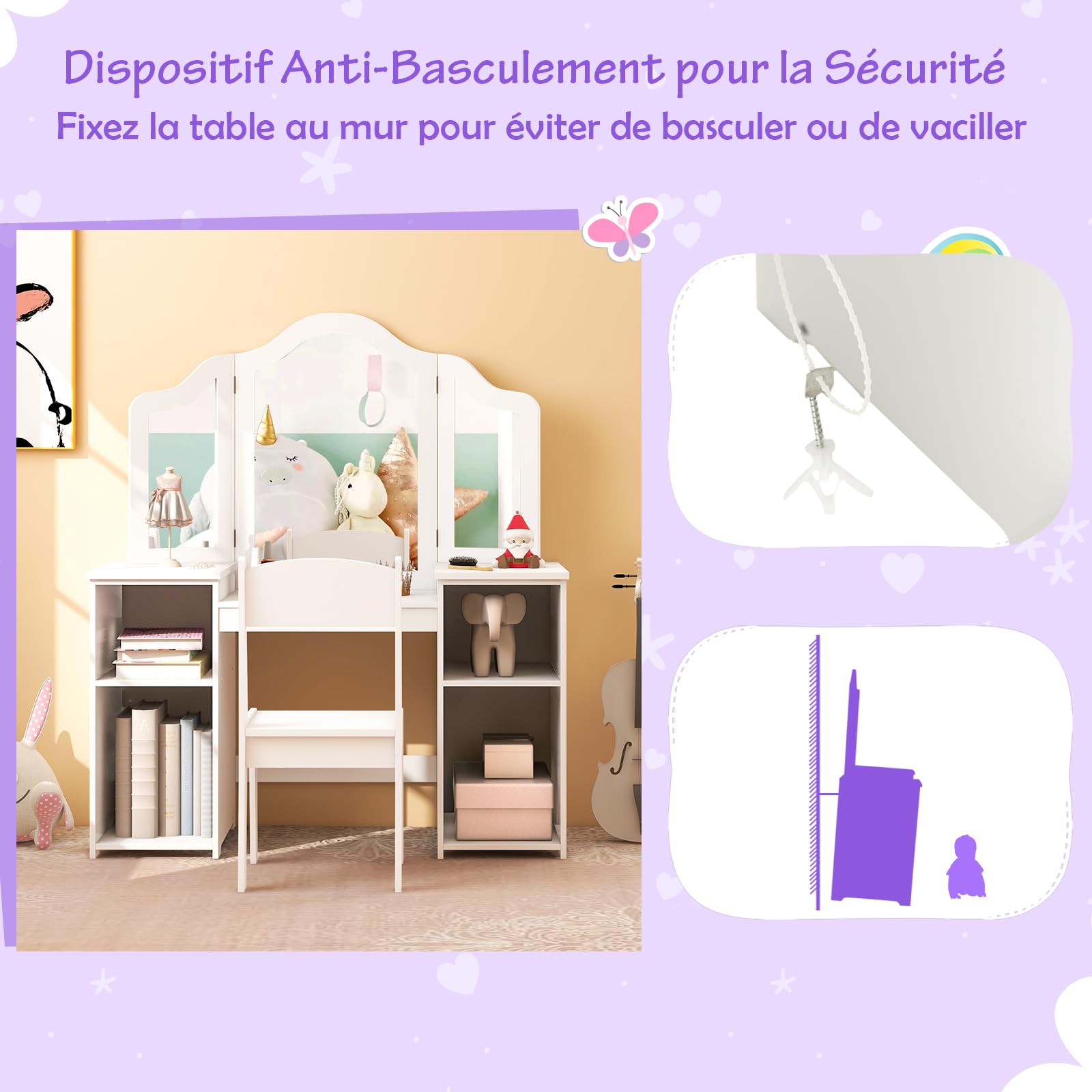 DREAMADE 2 en 1 Coiffeuse Enfants Fille avec Tabouret,Table de Maquillage Princesse avec Miroir Triptyque Amovible,4 Étagères Ouvertes (Blanc+Tabouret)