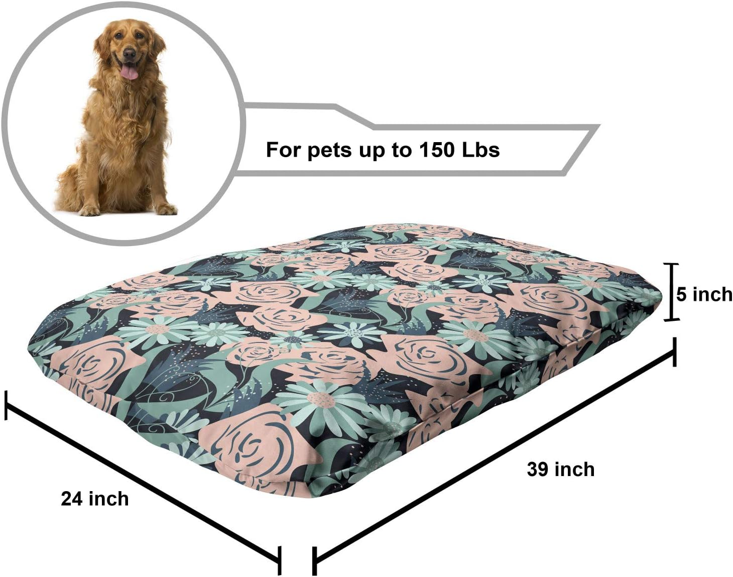 review Lunarable Floral Pet Bed, Abstract Pastel Blush and Pale Teal Colored Flower Botany Motifs with Dots, Chew Resistant Pad for Dogs and Cats Cushion with Removable Cover, 24