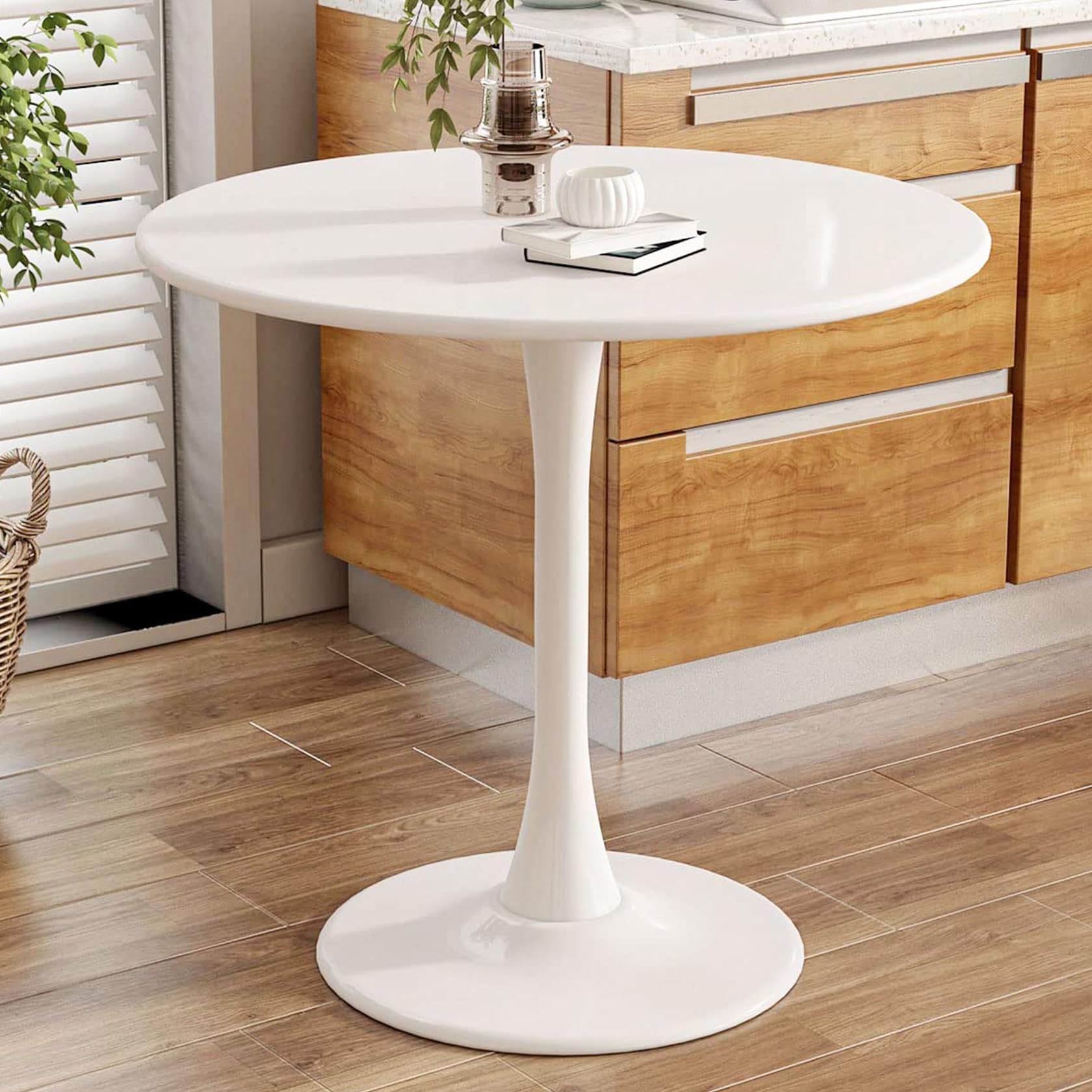 Weißer Esstisch, rund, modern, Küchentisch, 80 cm, Tulpentisch, kompakter Freizeittisch für 2–4 Personen, mit 2,3 cm dicker Tischplatte und stabilem Metallsockel, kleiner Tisch für kleine Orte Küche, Haushalt & Wohnen