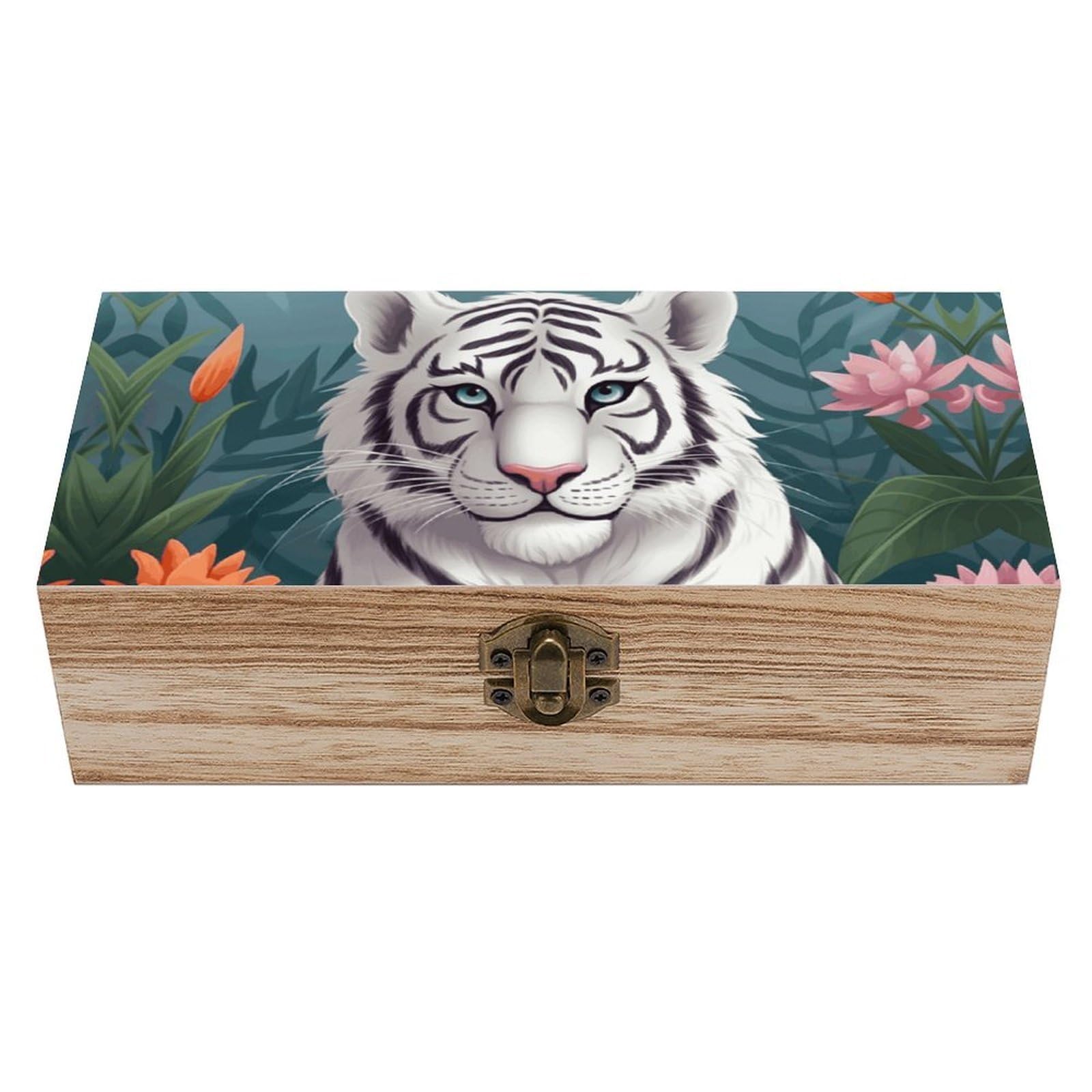 WAFICAC Cute White Tige Wooden Keepsake Box Wooden Box with Hinged Lid Decorative Storage Boxes Unique Gift Ideas for Men & Women Size 7.9" X 3.9" X 2.3"
