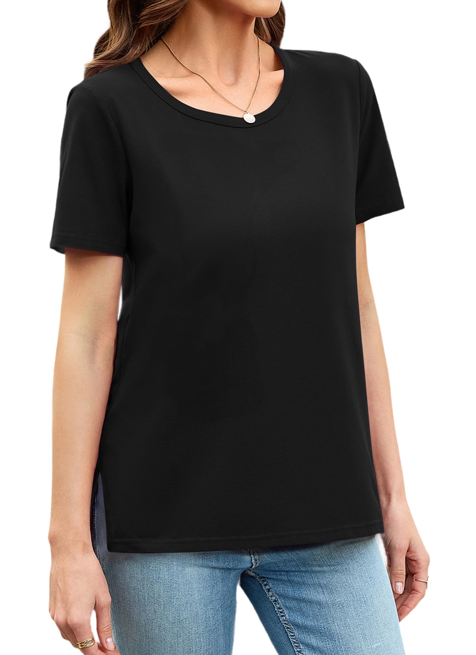 Summer Women Casual Short Sleeve Tops T-Shirts Tees with Side Split