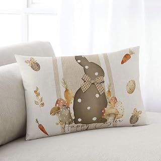 Easter King Pillow Covers,Soft Breathable Throw Pillow Cases with Invisible Zipper,Vintage Country Bunny Eggs Bow Beige Stripe Plant Decorative Pillowcase Pillows Protectors for Sofa Bed Couch 20"x36"