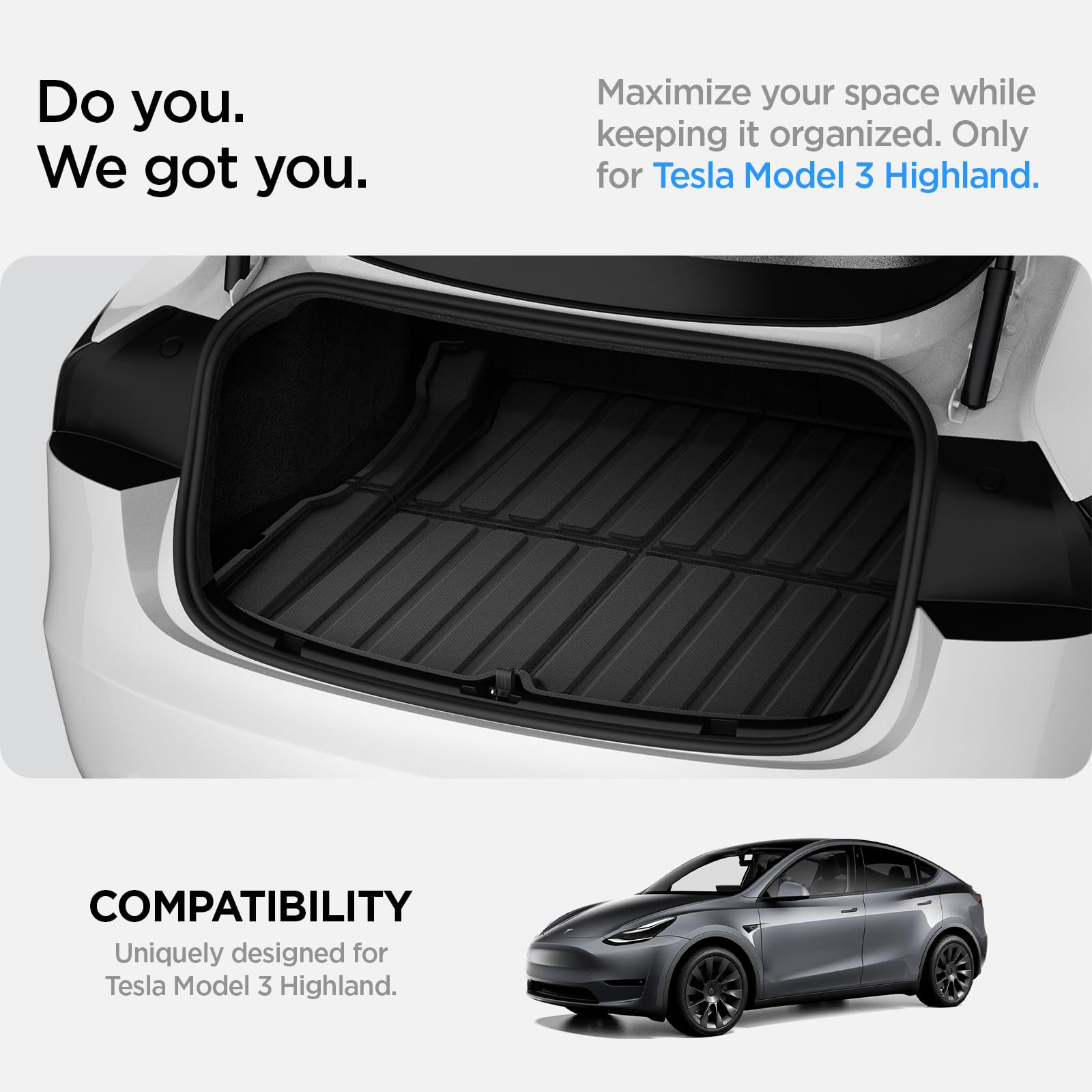 Spigen Tesla Model 3 Highland 2024 Alfombrilla Trasera para Maletero, Forro de Maletero, Impermeable, Alfombrillas para Todo Clima, Diseñadas para Accesorios Modelo 3 - Edición Carbono
