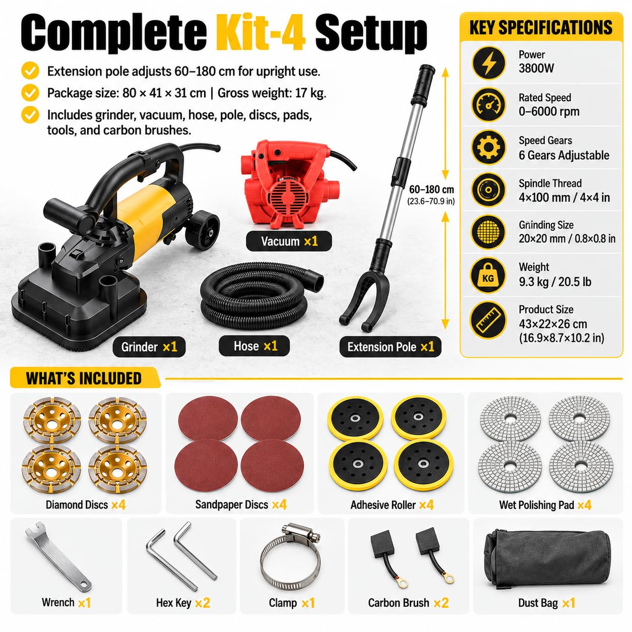 Lucidatrice per cemento a 4 teste, Kit-4, 4800 giri/min, Aspirapolvere