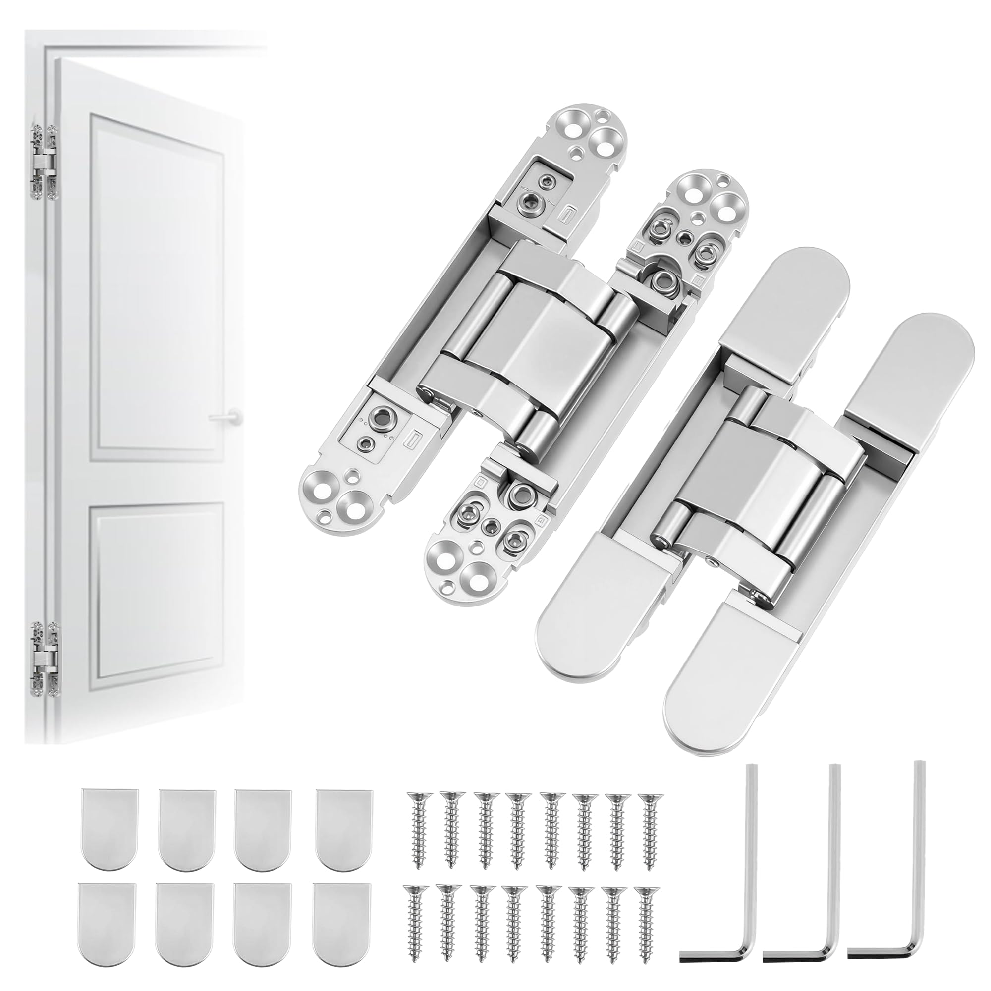2 Pack Hidden Door Hinges: 180 Degrees Adjustable Concealed Hinges Zinc Alloy Invisible Hinge 40kg Capacity for Bookcase Cabinet Folding Doors