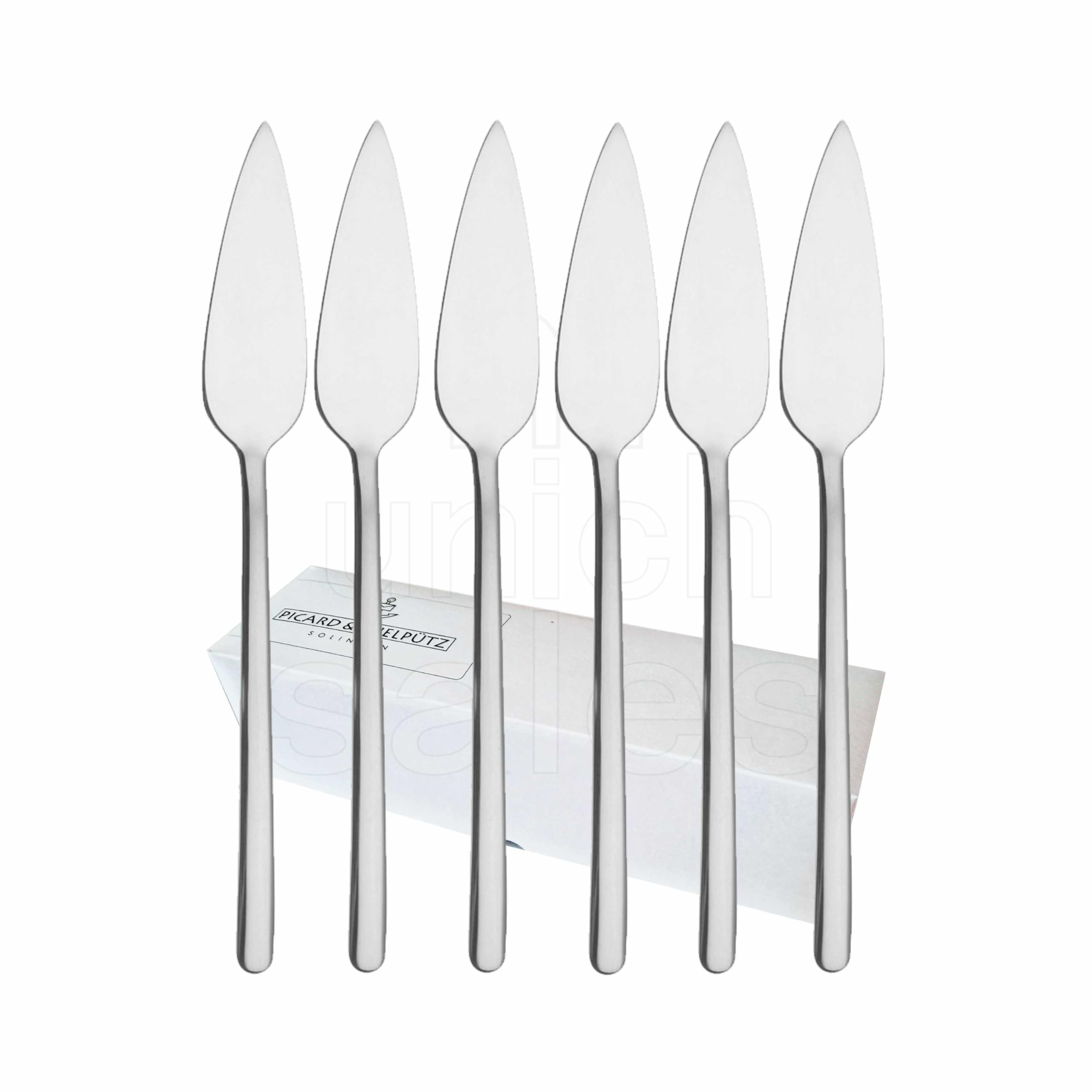 6 cuchillos de pescado de la serie Ventura 6108 de Picard & Wielpütz individualmente en cartón plegable blanco
