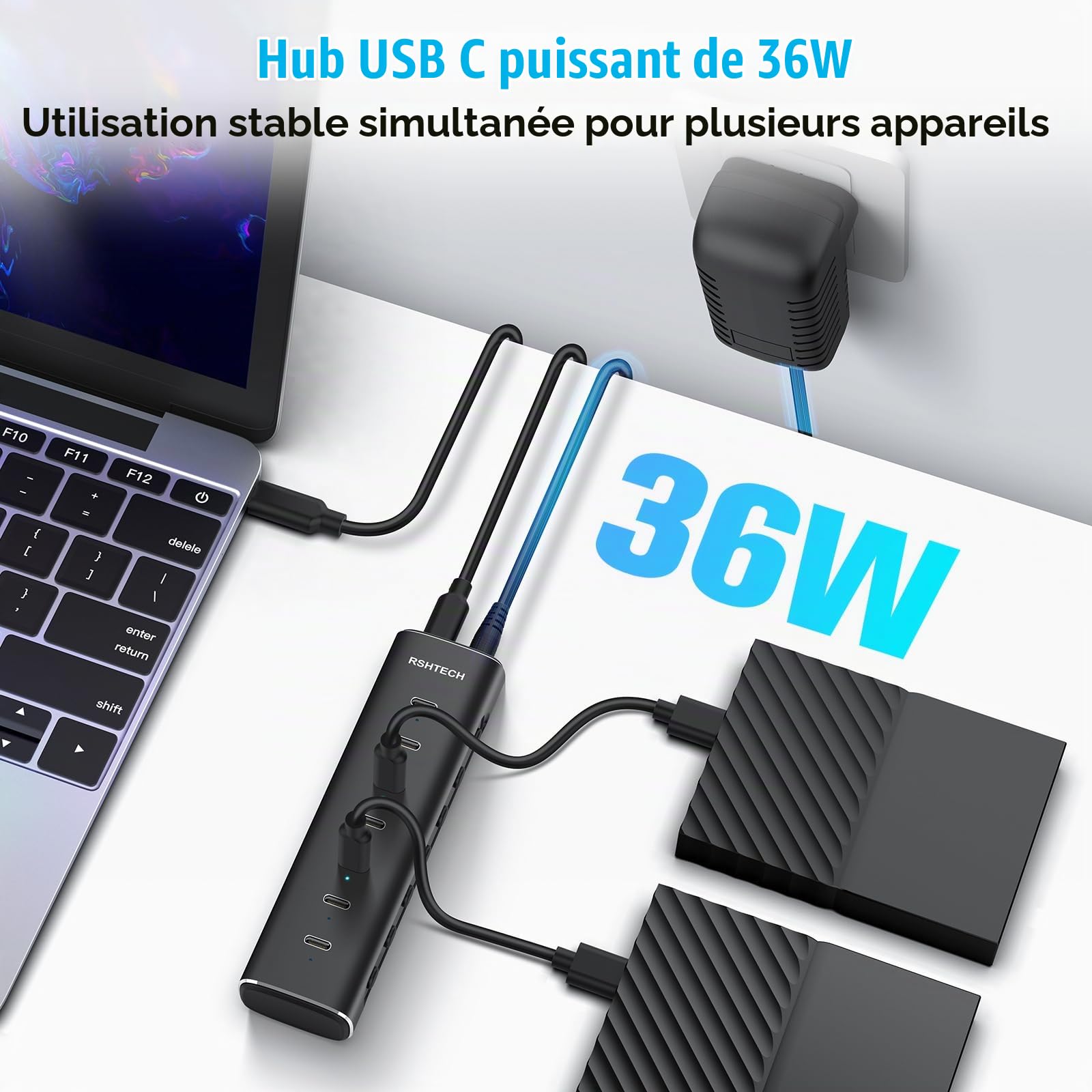 RSHTECH Hub USB C Alimenté 36W, 7 Port Aluminium Hub USB 3.2, RSH-H7C | avec Adaptateur Secteur 12V/3A et Câble 1M pour Ordinateurs Portables/Bureaux Dotés de Ports USB-C et Thunderbolt