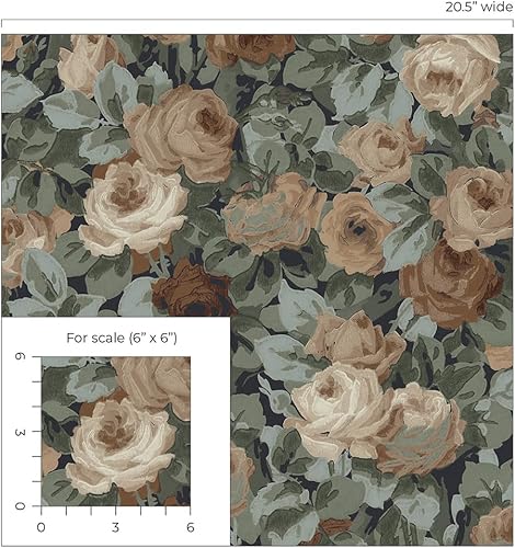 Miniatura 8 de NextWall Rose Garden - Papel tapiz floral para despegar y pegar (azul medianoche y café)