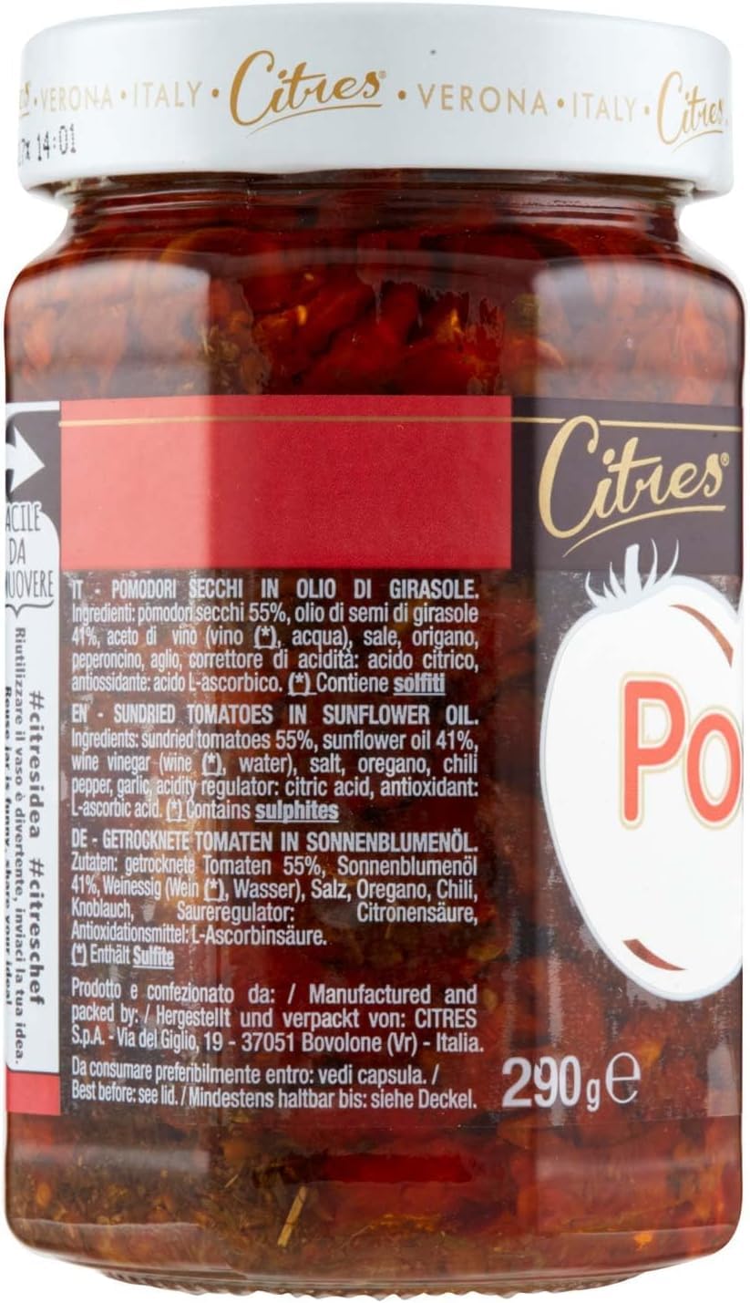 Pomodori Secchi a Filetti in Olio di Girasole, Confezione da 12 Vasetti da 290g, Prodotto Italiano con Erbe e Spezie, Ideale per Antipasti, Pasta, Insalate e Piatti Mediterranei dal Gusto Autentico