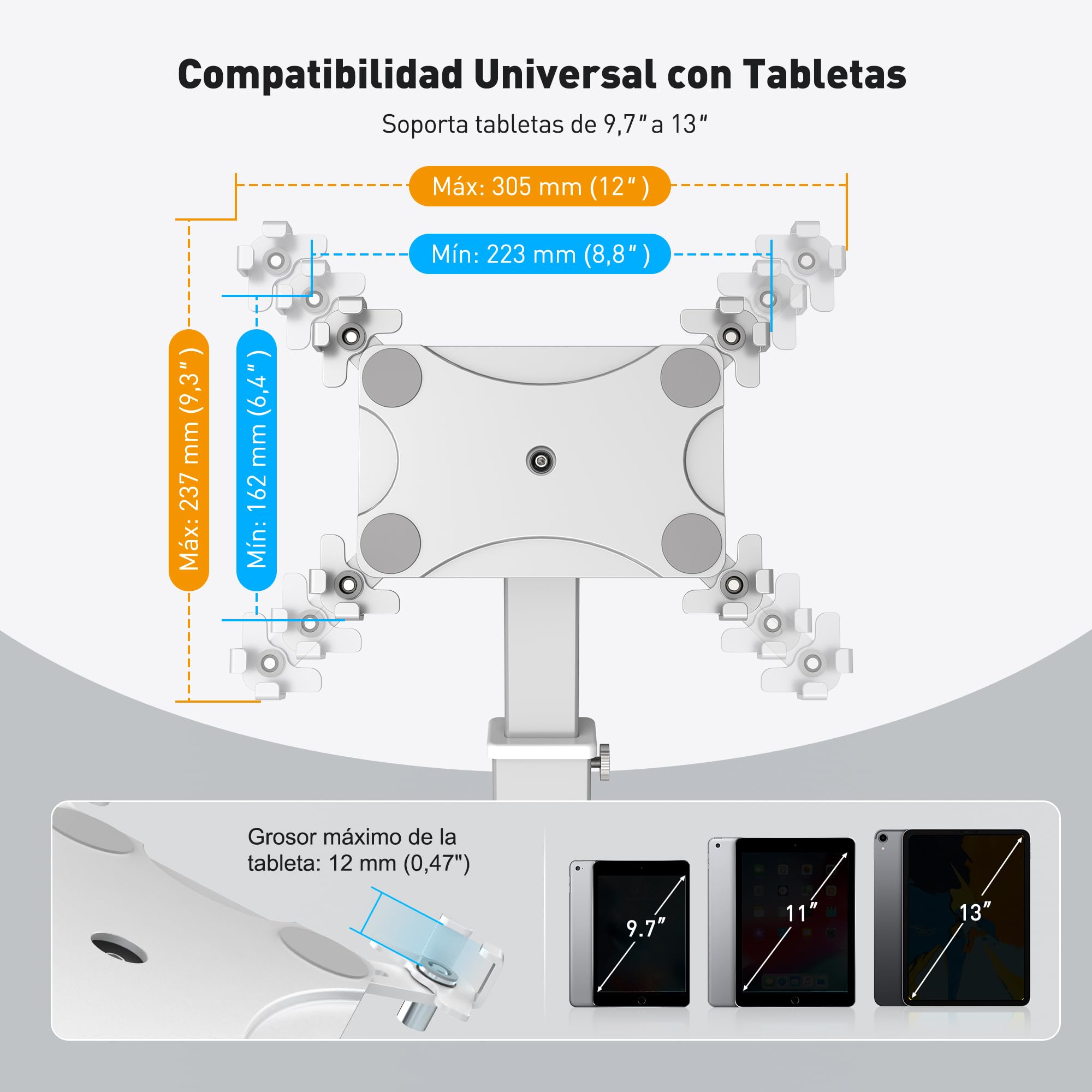 AboveTEK Soporte de escritorio para iPad, ajustable con rotación de 360° e inclinación de 180°, compatible con tabletas de 9.7" a 13", antirrobo, de aluminio resistente, ideal para el trabajo-Plateado