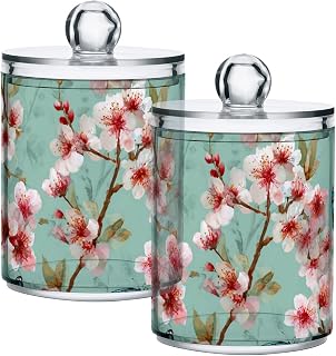 2 Pack Apothecary Jars Spring Peach Blossom Flower Bathroom Vanity Storage Organizer Set,Small Clear Plastic Storage Jars Bathroom Canister for Cotton Swabs, Rounds, Balls, Qtips,Makeup Sponges