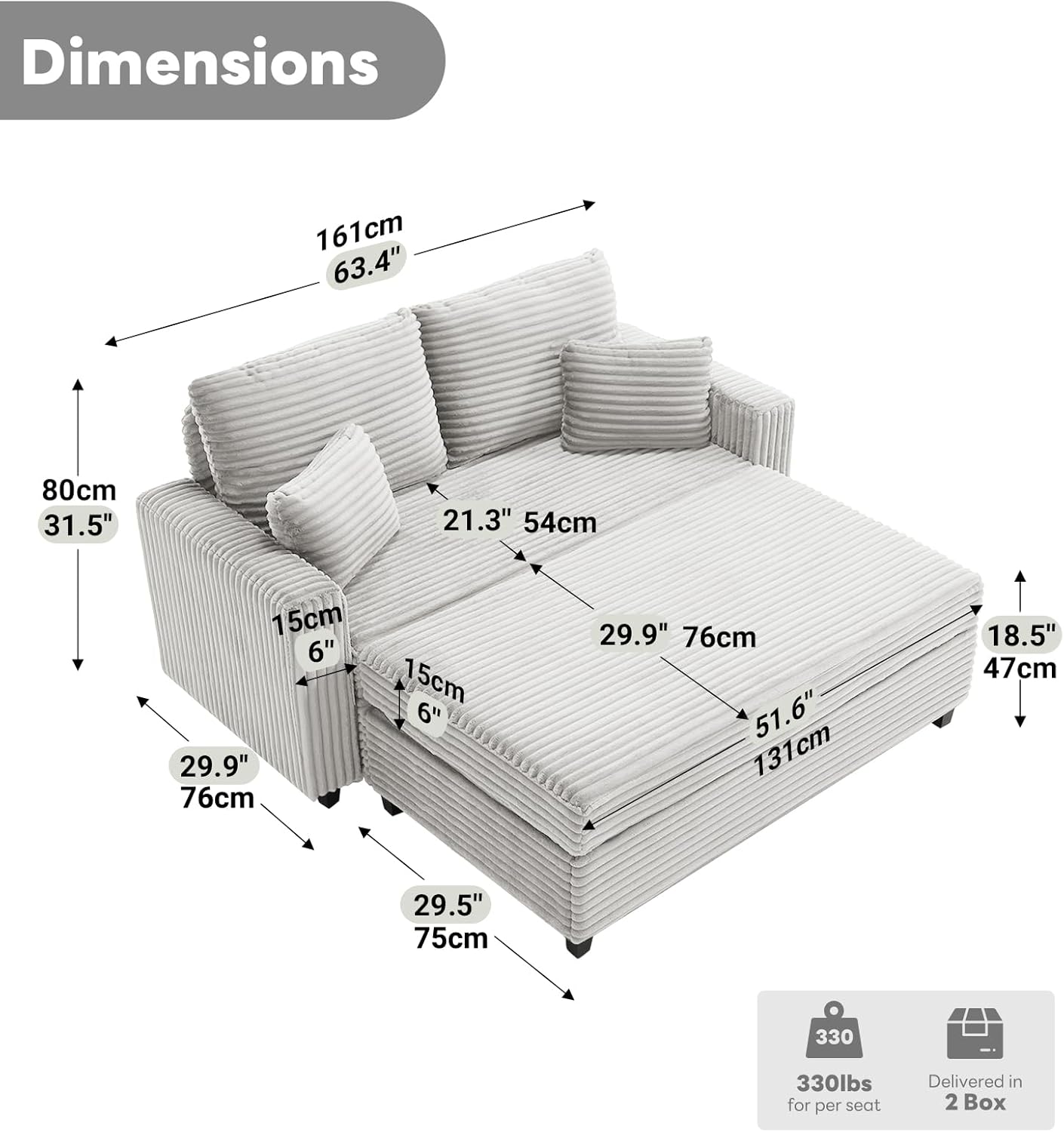 Tbfit 63.4" Oversized Loveseat with Storage Ottoman, Comfy Chaise Lounge Chair Indoor, Corduroy Sleeper Sofa Bed, Modern Upholstered Love Seat Couch for Living Room, Bedroom, Apartment, Grey | Breathable material, Storage Ottoman, Sofa bed, Oversized Loveseat