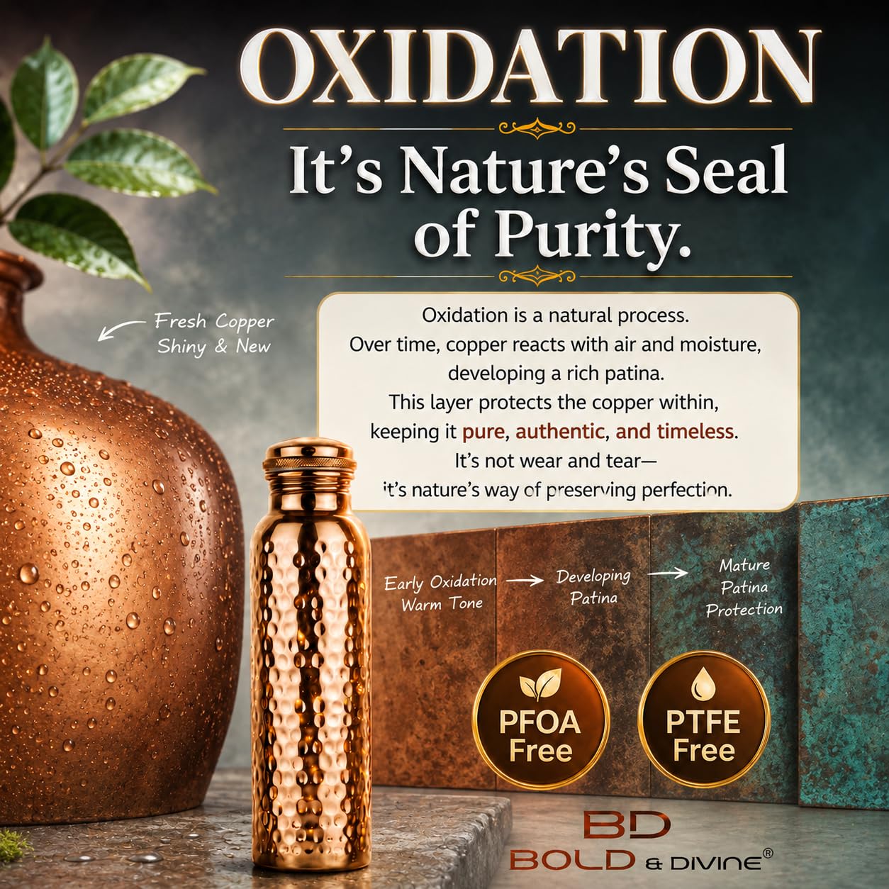 Bold & Divine Premium-Wasserflasche aus reinem Kupfer, gehämmert, Ayurvedische gesundheitliche Vorteile, handgefertigtes Kupfer-Wassergefäß, auslaufsicheres Design, rostfrei, inklusive Tragetasche aus
