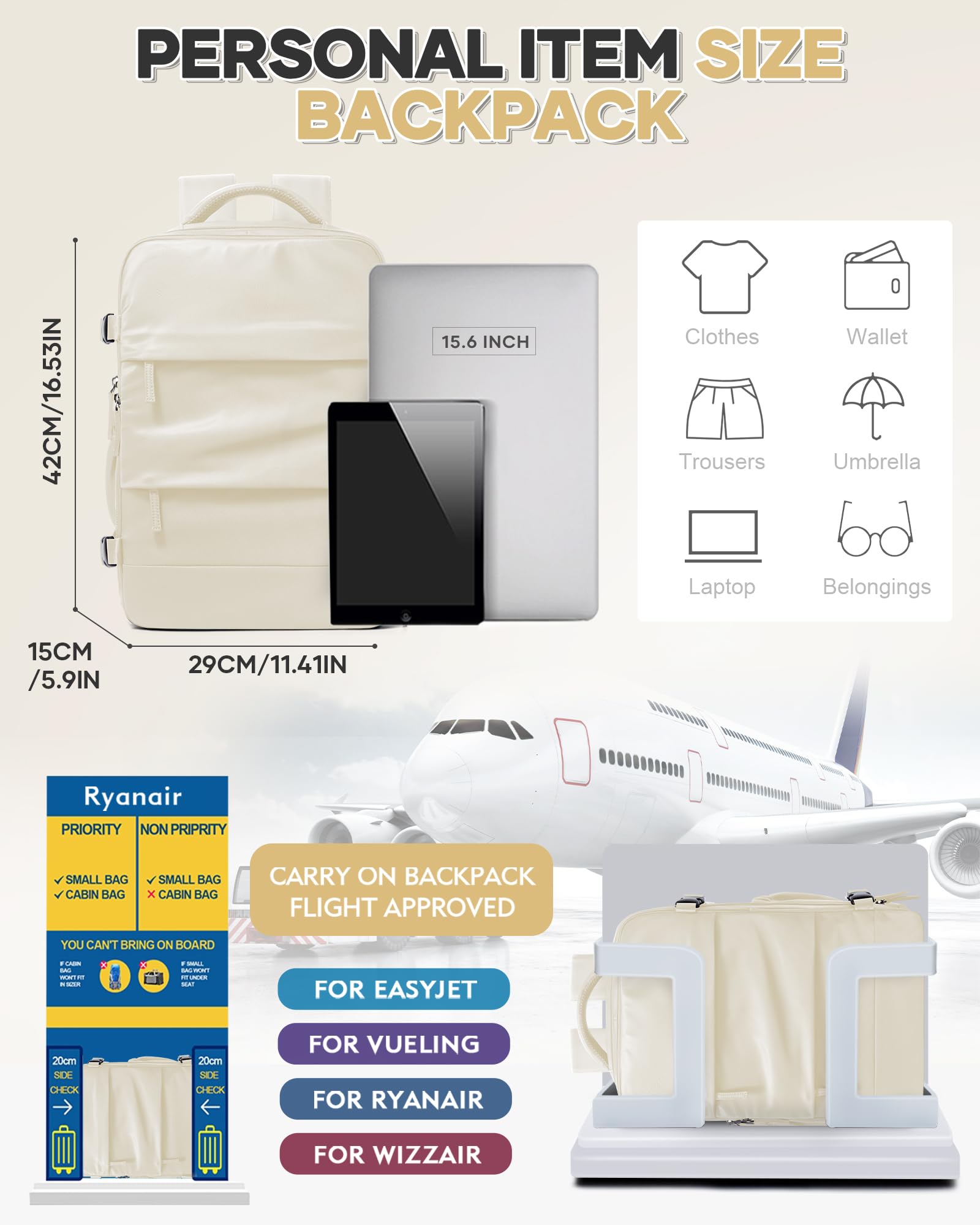 SZLX Zaino Ryanair 40x30x20 Sottovuoto Zaino da Viaggio 40x20x25 Bagaglio a Mano 40x30x20 Wizzair Donna Uomo Borsa da Cabina per Easyjet 45x36x20 Adatto a Laptop da 14 Pollici Impermeabile per Lavoro