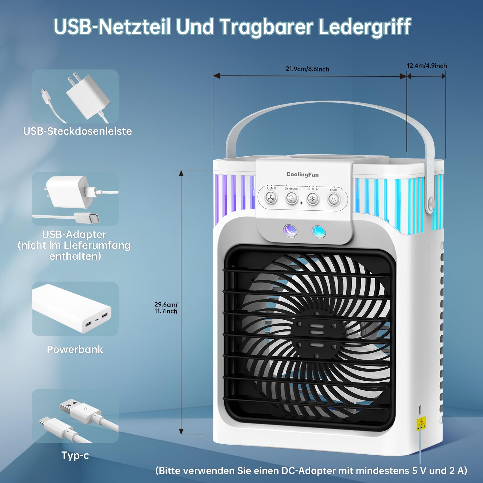 Klimaanlage Mobil, 4-in-1-Mobile Klimageräte mit Fernbedienung/3 Geschwindigkeiten/3 Nebelmodi/1200-ml-Wassertank/2-8-Stunden-Timer/Nachtlicht, Klimaanlage ohne Abluftschlauch für Zimmer Büro Camping