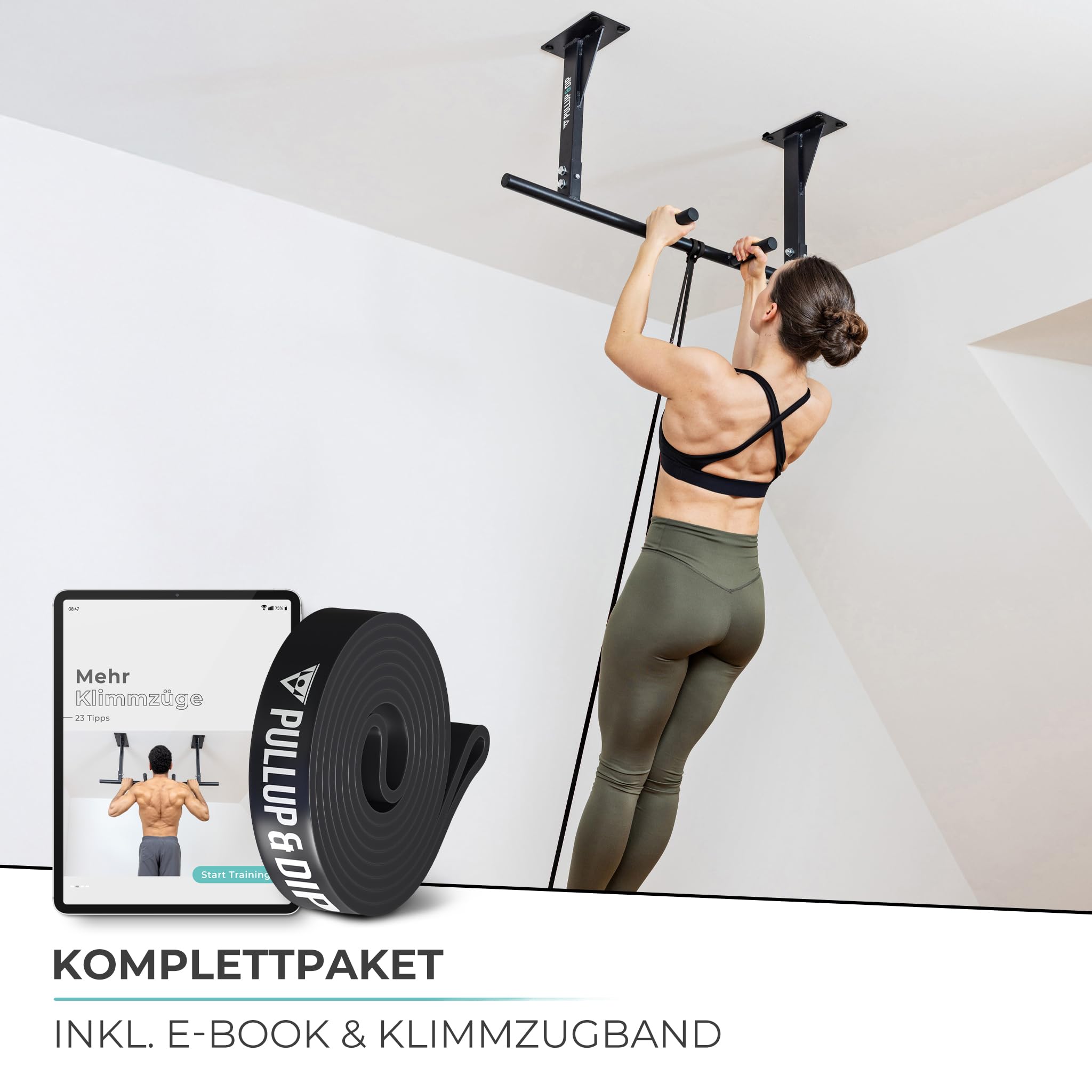 PULLUP & DIP Klimmzugstange für Deckenmontage – Pull Up Bar & Reckstange für das Home Gym – Stabil & belastbar bis 180 kg – 5 Griffpositionen, Anti-Rutsch-Oberfläche – inkl. Klimmzugband & eBook