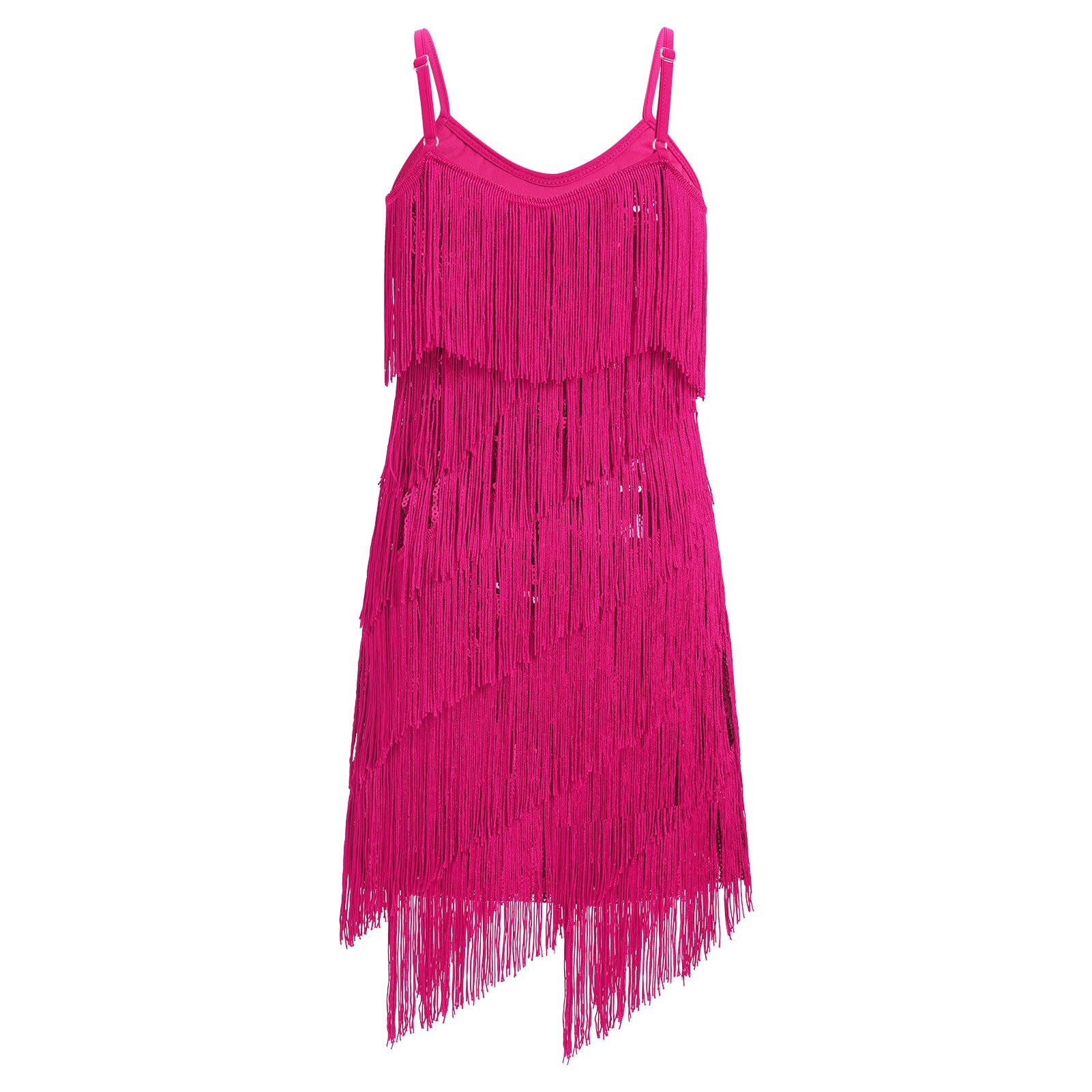 FYMNSI Latein-Tanzkleid für Mädchen, Ballsaal, Tanz-Outfit, V-Ausschnitt, glitzernde Pailletten, Quaste, Fransenkleid, Tanzkleidung