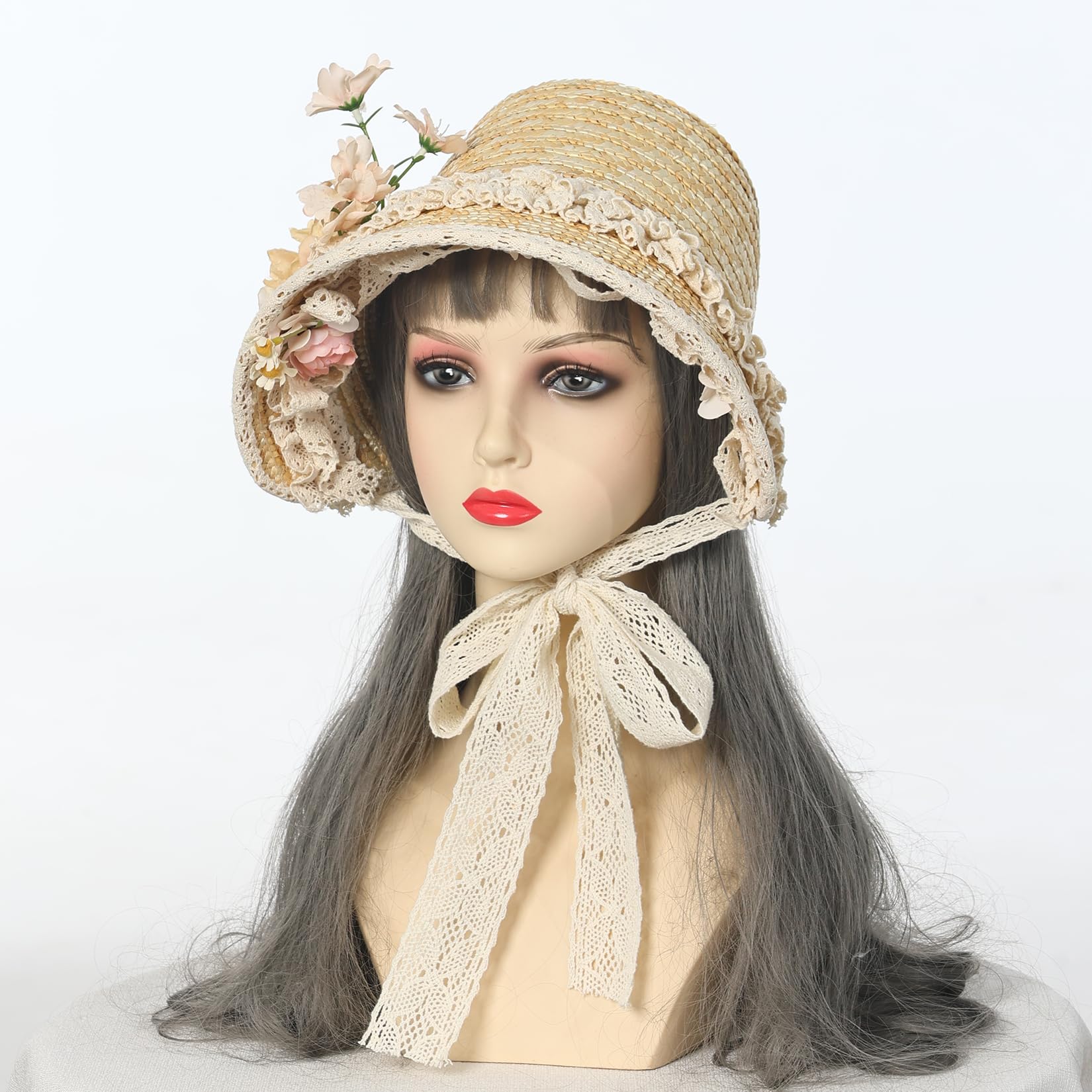 CAMDOM Sombrero Victoriano para Mujer, para Fiesta de té, con Lazos, Flores, Sombrero de Paja Plano, Color marrón
