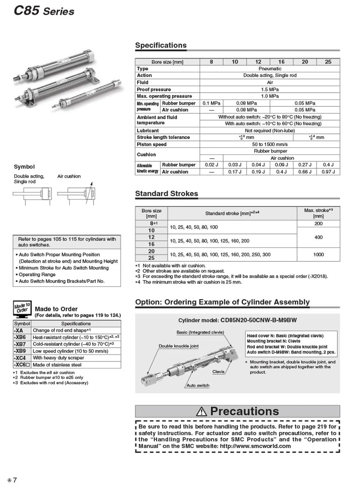 Cilindro neumático estándar Cilindro neumático ISO Cilindro neumático con amortiguación de aire Cilindro neumático estándar Doble efecto Vástago simple CD85N Diámetro interior 16 20 25 mm Carrera 10