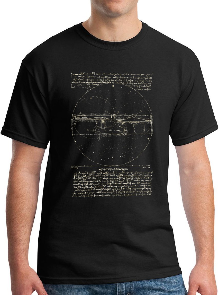 NCC-1701 USS Enterprise Shirt - Leonardo da Vinci Vitruvian Star Ship Tshirt, Black, XL