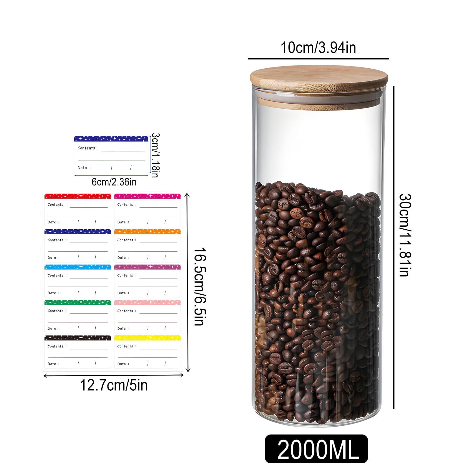Tarros de Vidrio con Tapa de Bambú, 2 x 2200 ml para Espaguetis de Cristal con Tarros de Almacenamiento con Tapa de Almacenamiento de Comida