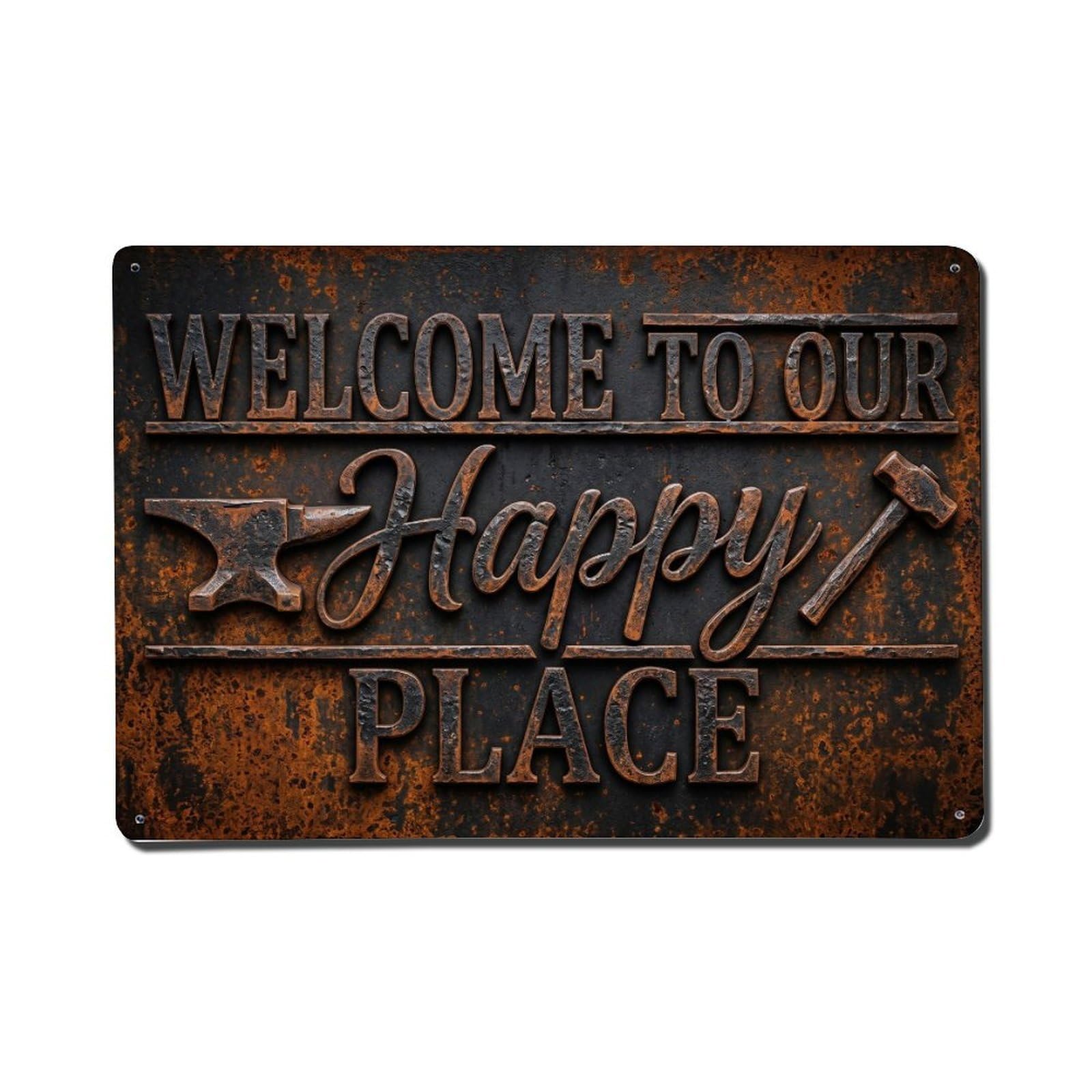 Welcome To Our Happy Place Blacksmith Forge1 Metal Tin Sign Plaque Wall Decor for Cafe, Club Bar, Office, Home Garden Metal Poster 8x12Inch