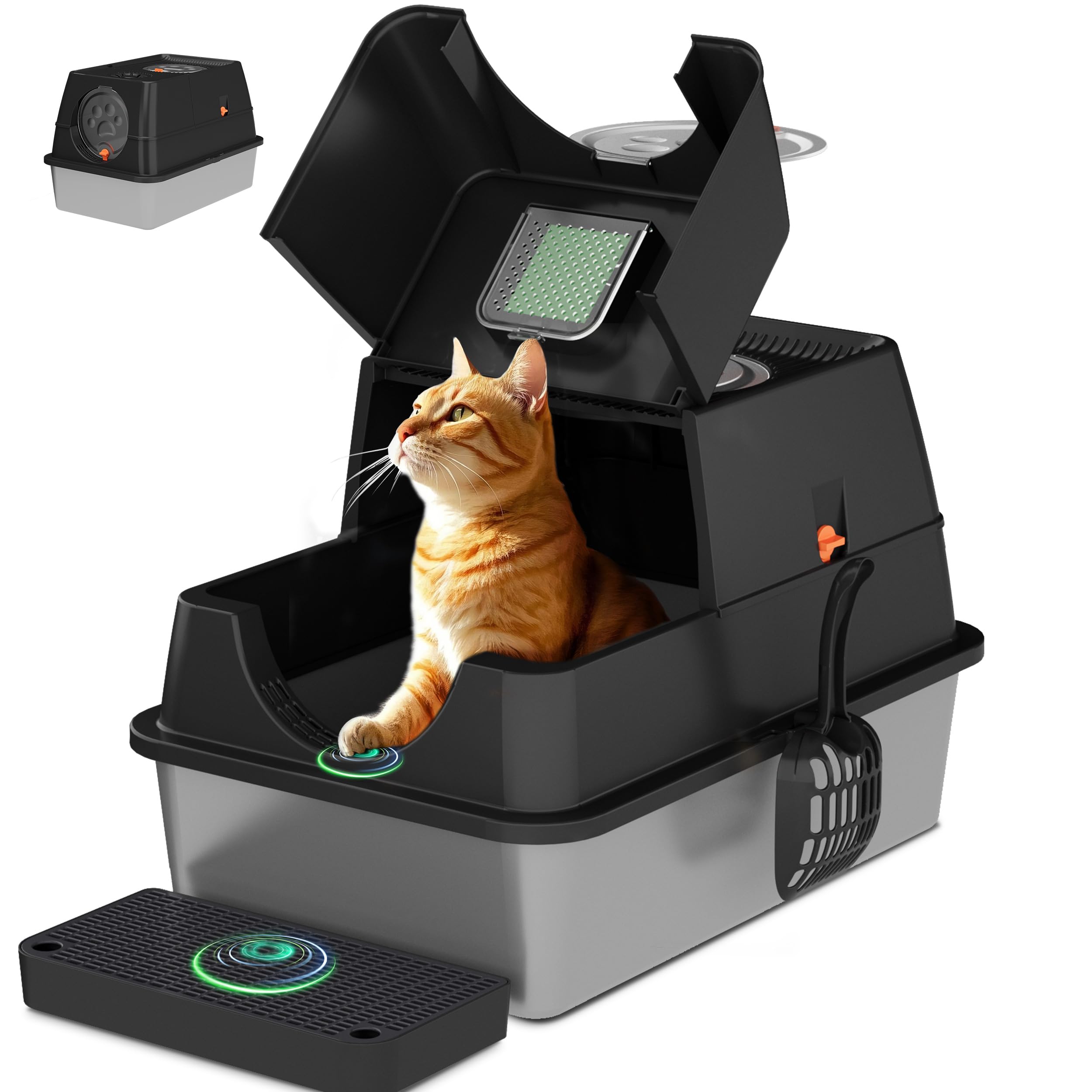 Katzenklo Edelstahl mit Deckel, XL Katzentoilette Geschlossen mit Schaufel, Zwei-Tür-Konfiguration, Leicht zu Reinigen, Geruchshemmend, Rostfreier Stahl Katzenklo mit Pedals (Schwarz)