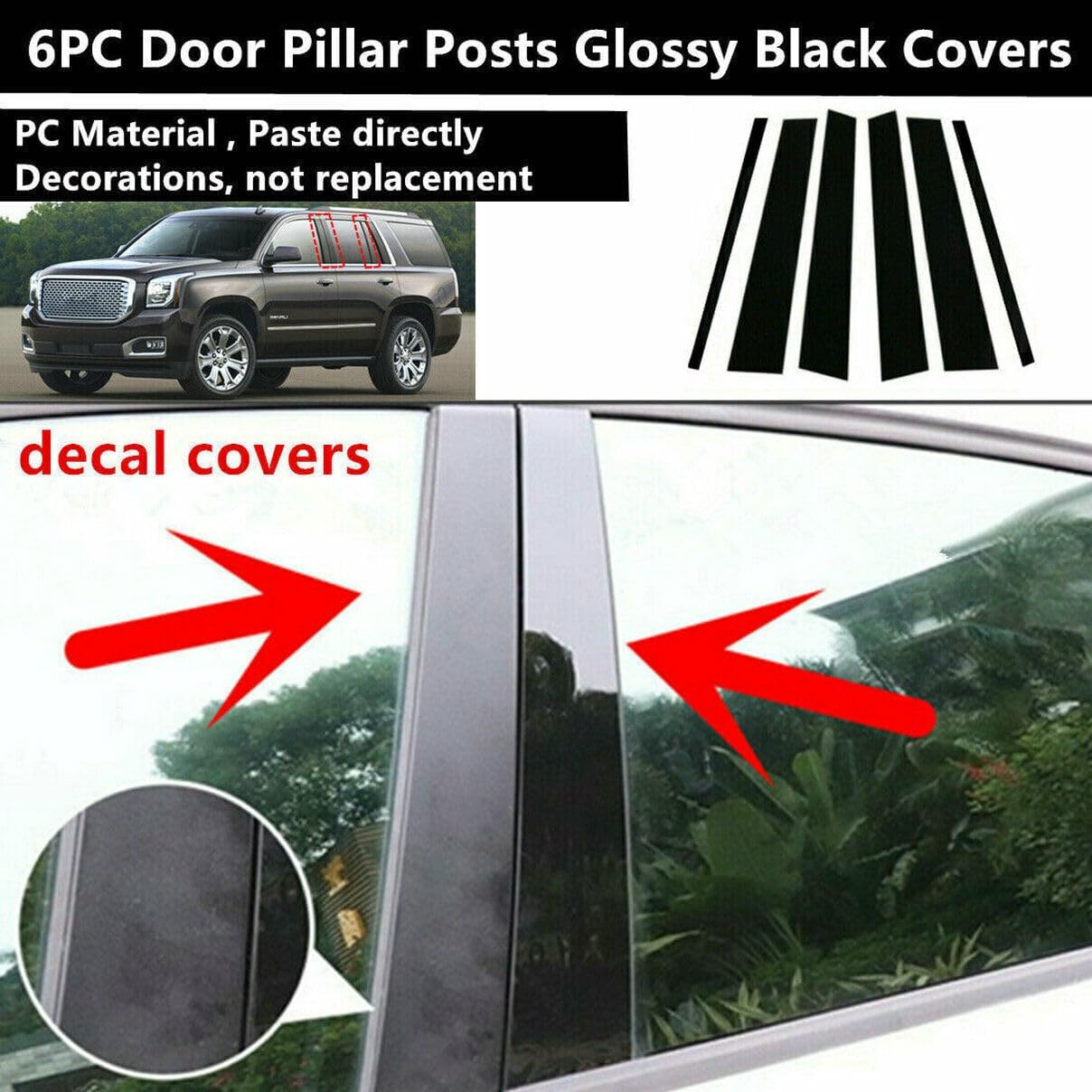 6Pc/Set Door Pillar Trim Molding Window Trim Cover Fit for Chevrolet Tahoe GMC Yukon 2015 206 2017 2018 2019 2020 Gloss Black