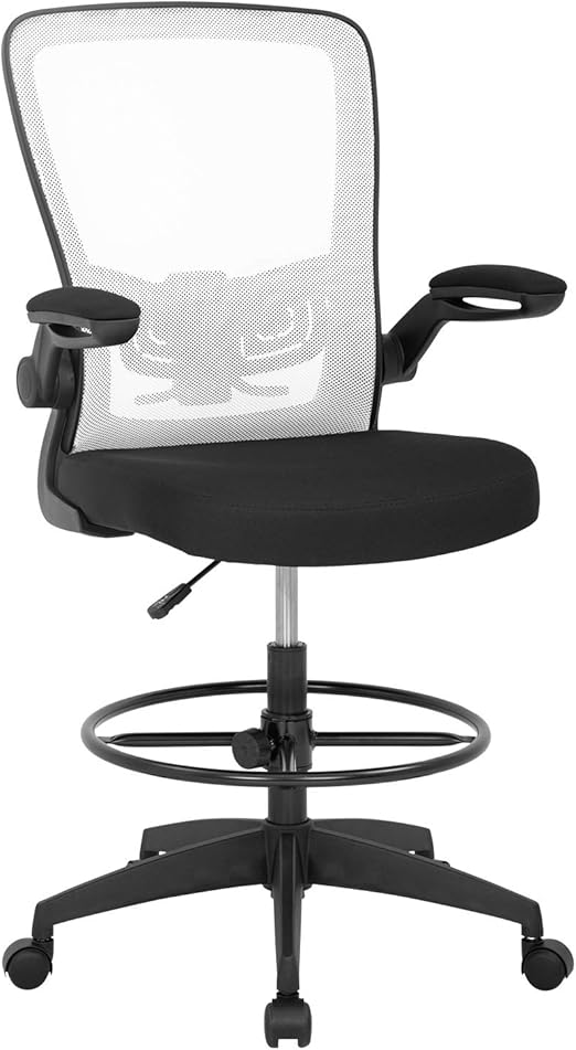 Drafting Chair Tall Office Chair Adjustable Height with Lumbar Support Arms Footrest Mid Back Standing Desk Chair with Swivel Rolling Mesh Stool White