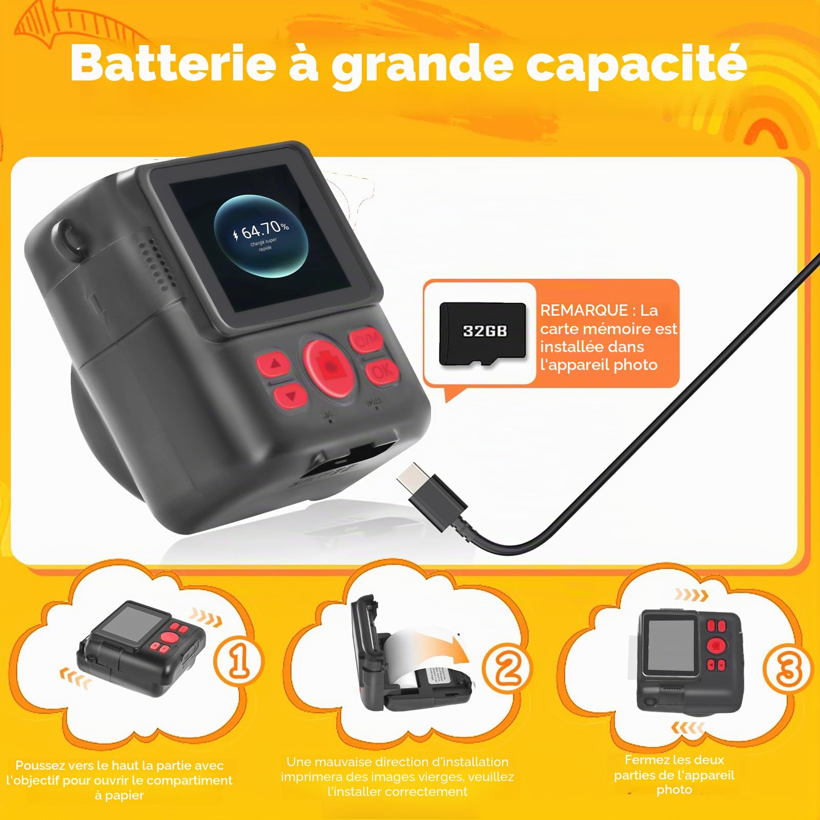 CHRERNA Appareil Photo Instantané Enfant, 1080P Appareil Photo Enfant & Caméra Vidéo avec Carte de 32GB & Papier d'impression, Cadeau pour Garçons & Filles de 3 à 12 Ans(Noir