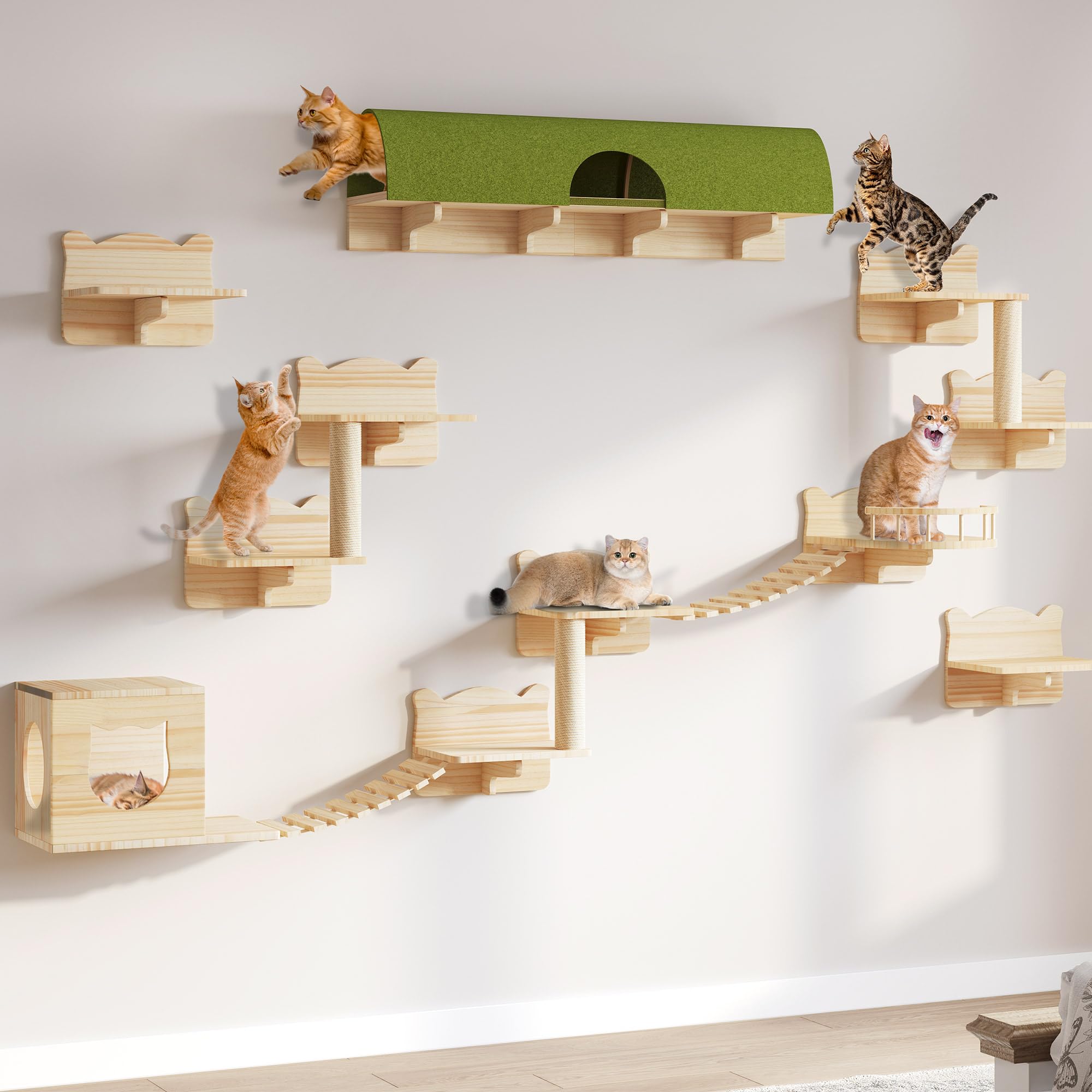 Homiflex Cat Wall Shelves, Cat Wall Furniture Pine Wooden Feline Shelf, 16 Piece Feline Shelves and Perches with Condos, House, Steps, Bridge Ladder, Scratching Post and Tunnel