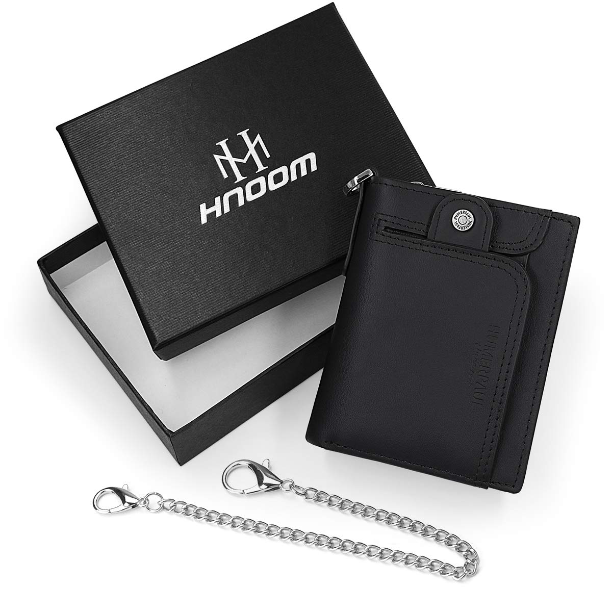 HNOOM Cartera Hombre Piel con Monedero Billetera Hombre con RFID Bloqueo Billeteras Bifold Hombres Monedero Hombre Pequeño con Cremallera 14 Ranuras para Tarjetas Carteras para Hombre con Cadena