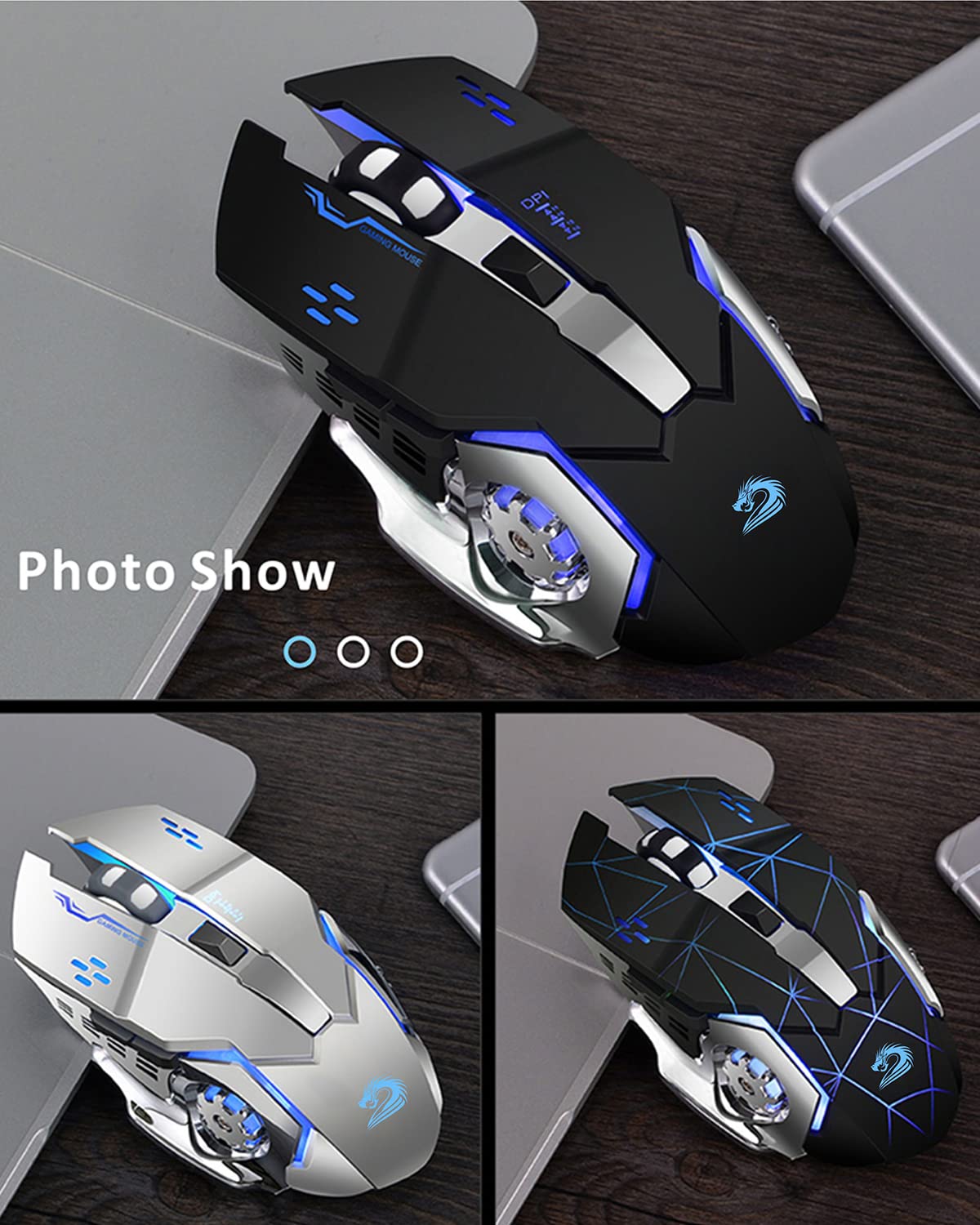 Ratón inalámbrico Q85 para Videojuegos, 2,4 G LED, óptico, silencioso, inalámbrico, con 4 Luces LED, 3 dpi Ajustables, diseño ergonómico, Reposo automático