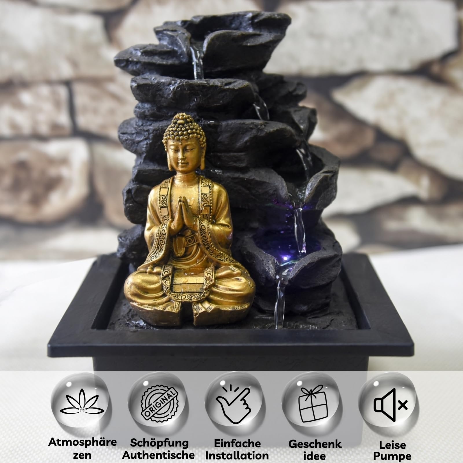 Zen Light Shira Zimmerbrunnen mit Pumpe und LED-Beleuchtung, Kunstharz, Schwarz, Einheitsgröße