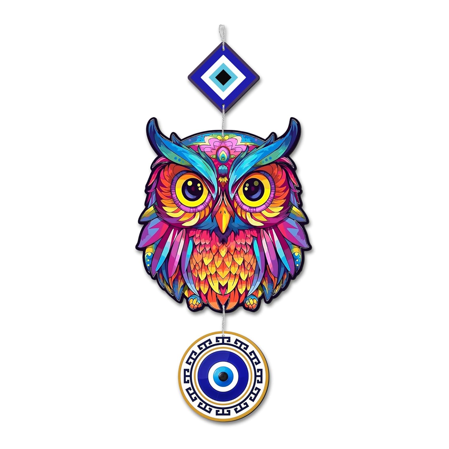 Regalo Casila Owl and Evil Eye Hanging Wall Decoration – Wooden Wall Hanging, Handmade Home Decor, Good Luck and Protection Symbol for Positive Energy – 18 X 6.5 inch